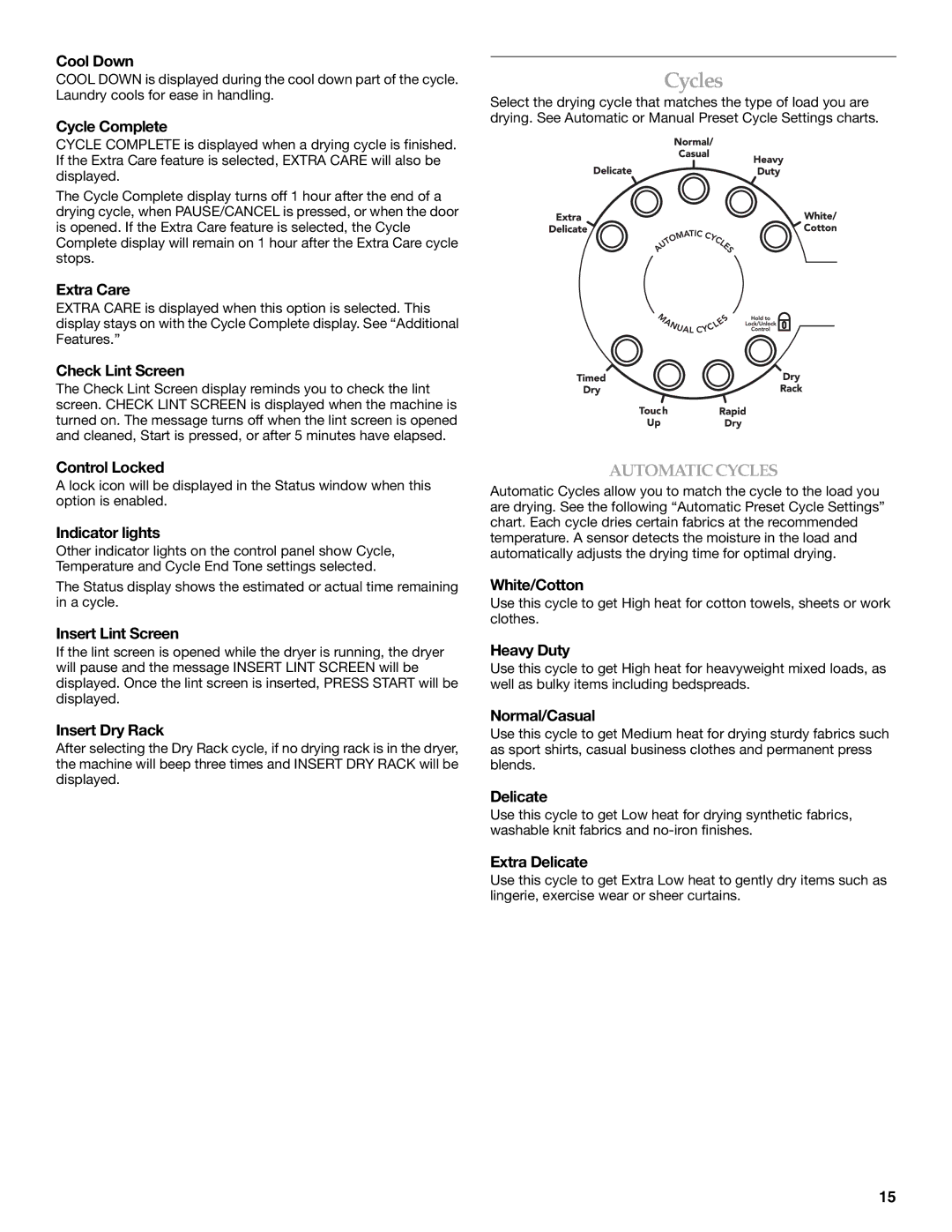 KitchenAid FRONT-LOADING GAS DRYER manual Cycles 