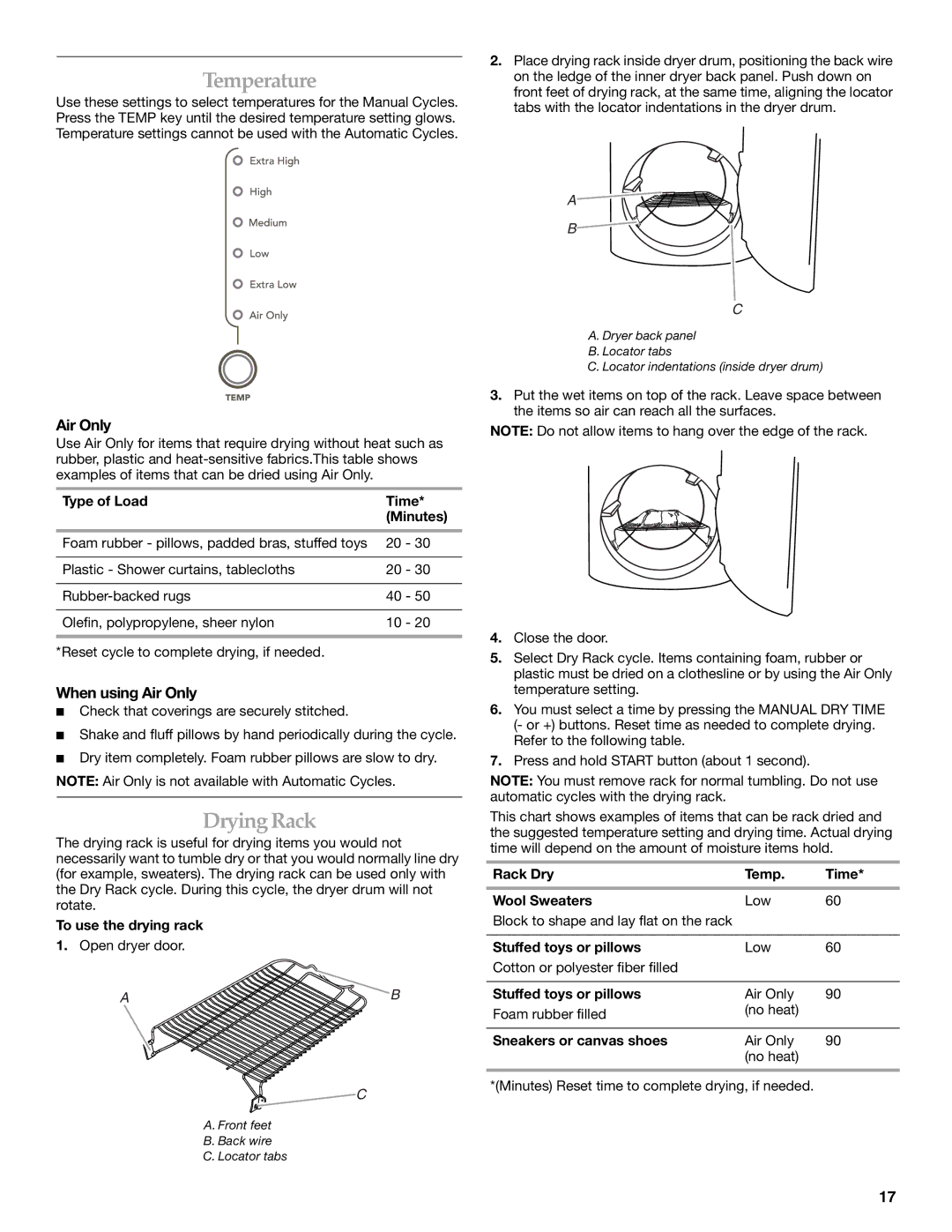 KitchenAid FRONT-LOADING GAS DRYER manual Temperature, DryingRack, When using Air Only 