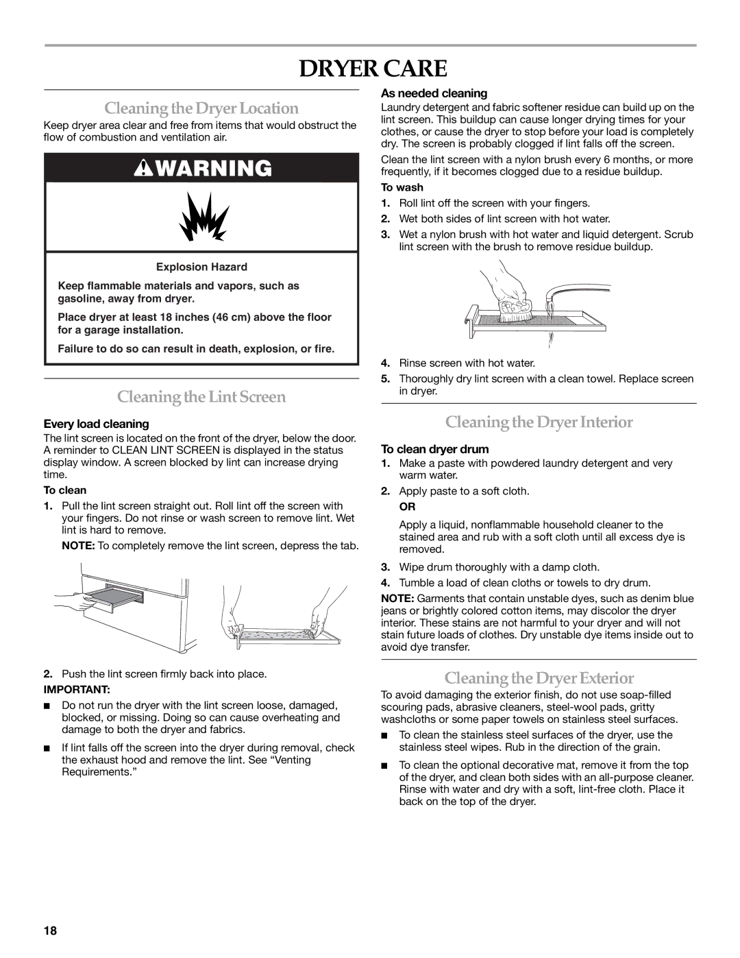 KitchenAid FRONT-LOADING GAS DRYER manual Dryer Care, Cleaning the Dryer Location, Cleaning the Lint Screen 