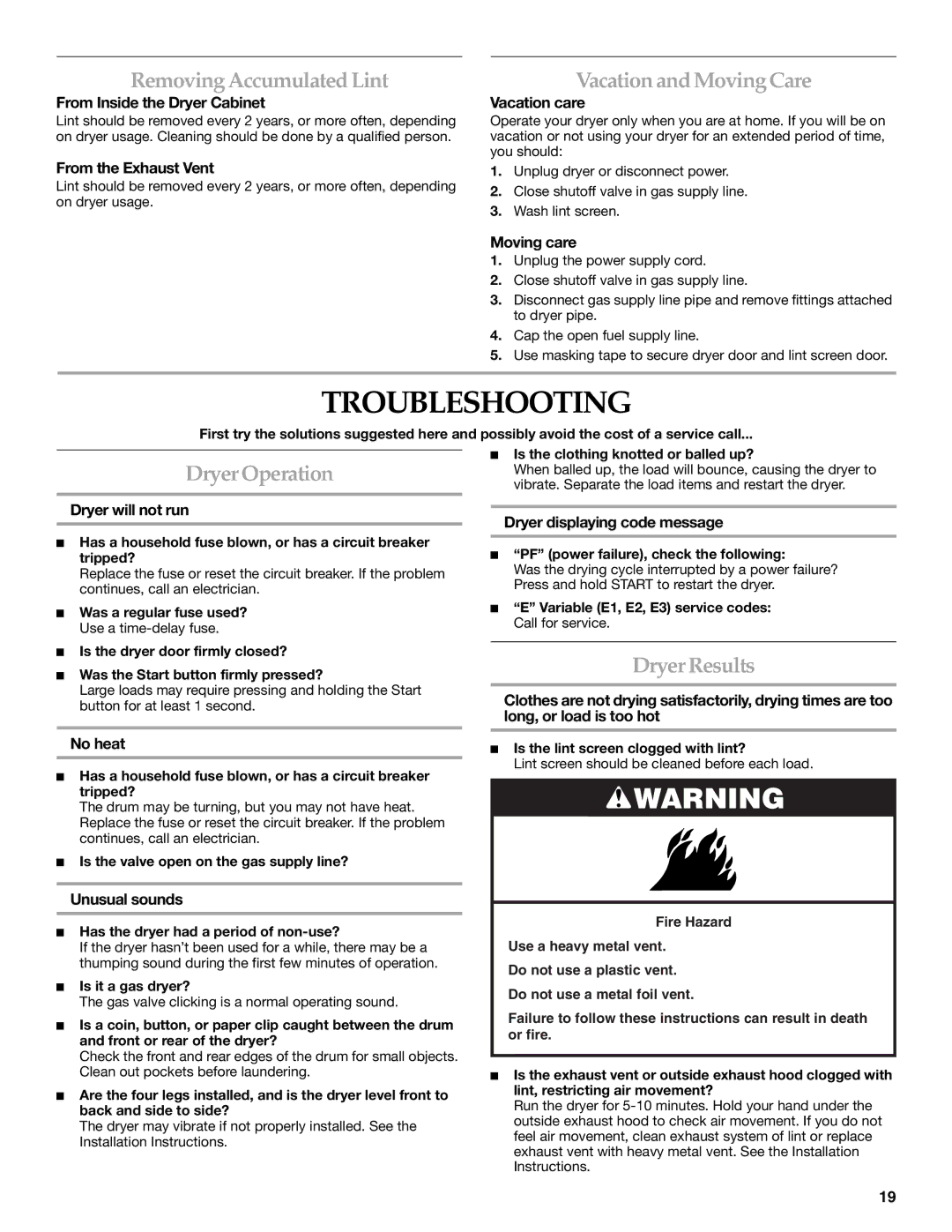 KitchenAid FRONT-LOADING GAS DRYER Troubleshooting, Removing Accumulated Lint, Vacation and MovingCare, Dryer Operation 