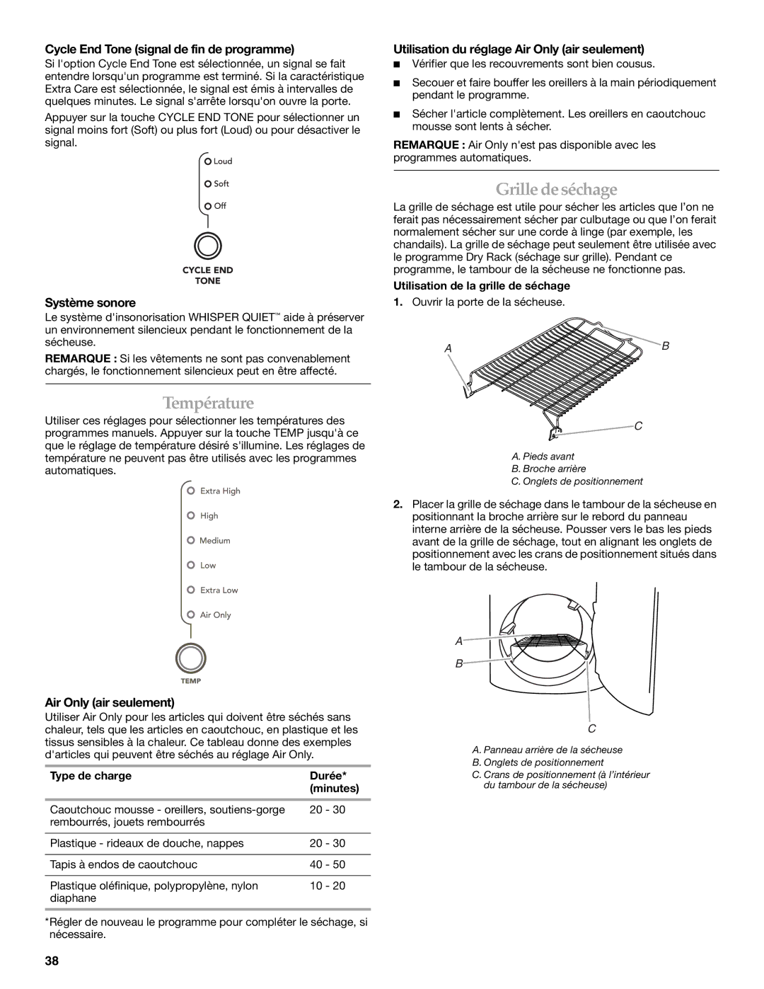 KitchenAid FRONT-LOADING GAS DRYER manual Température, Grille de séchage 