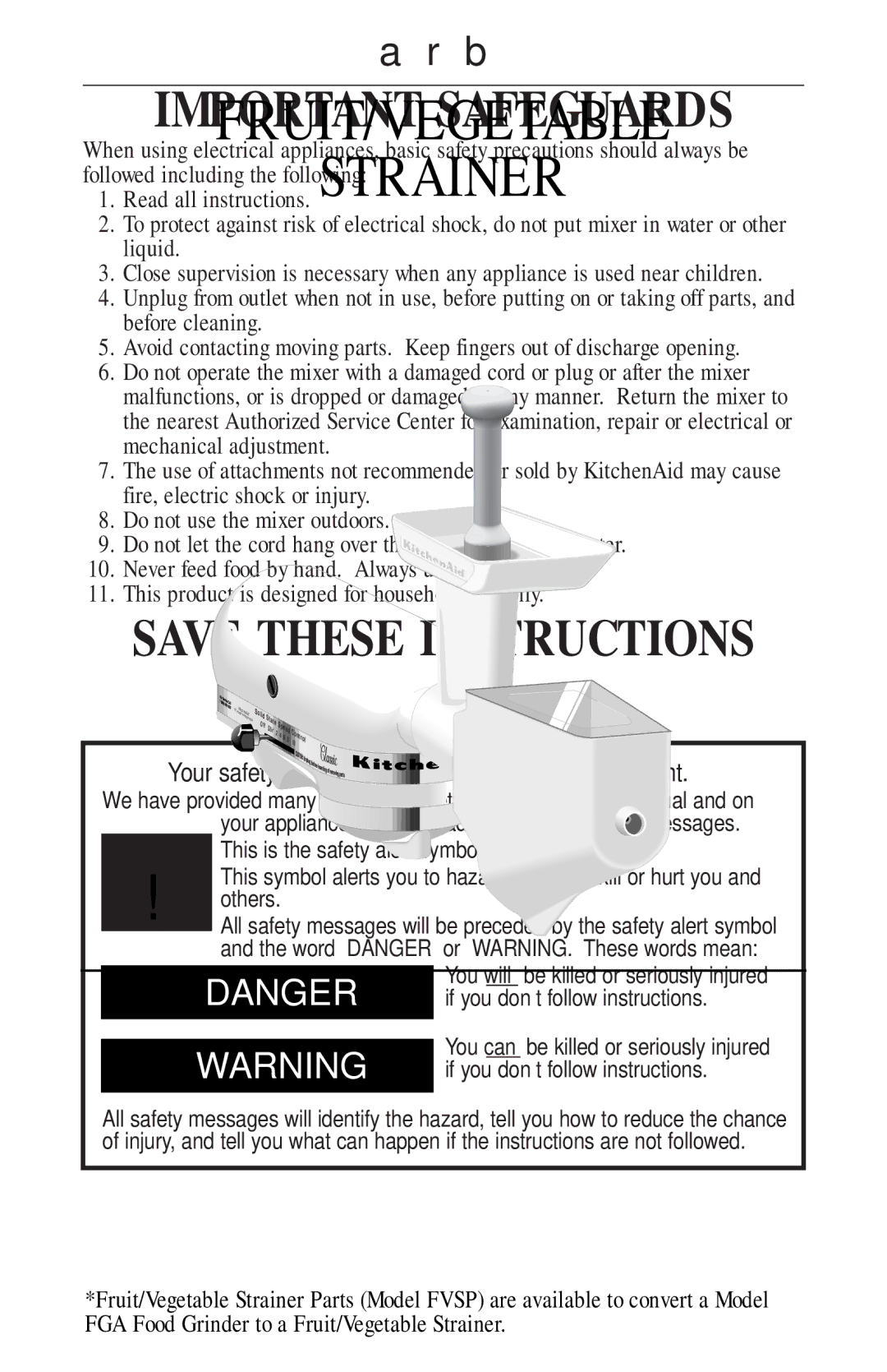 KitchenAid fvsfga, FVSP manual Important Safeguards 