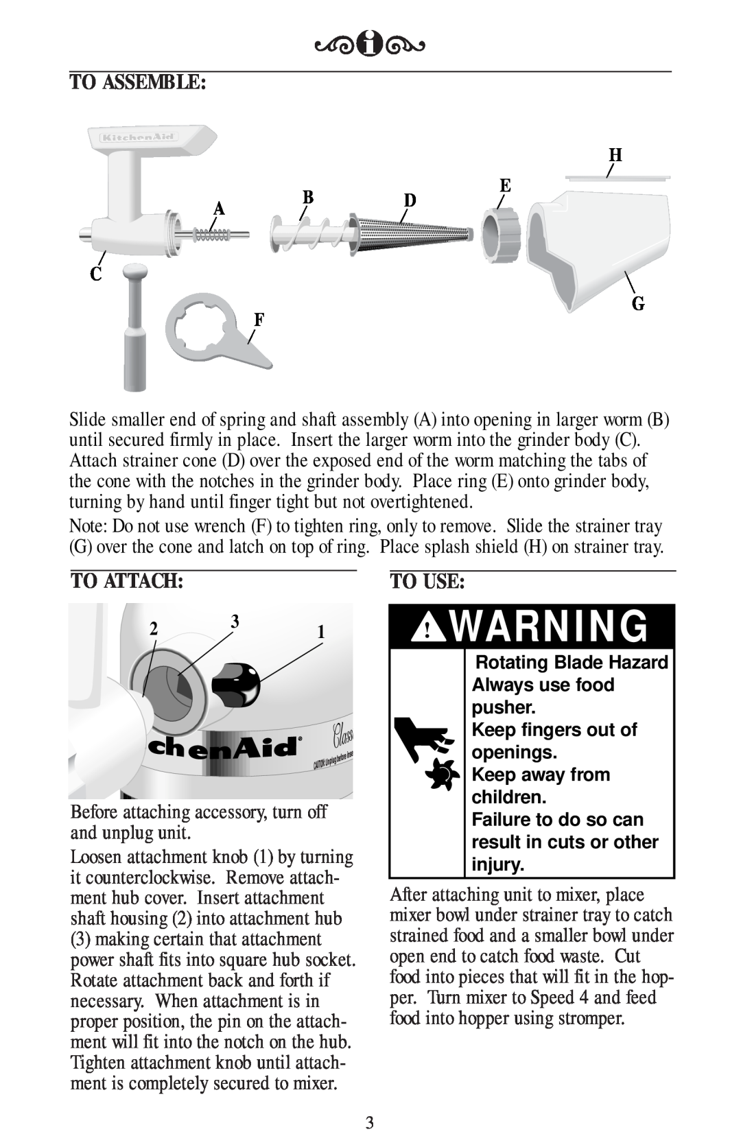 KitchenAid FVSP, fvsfga manual To Assemble, To Attach, Before attaching accessory, turn off and unplug unit, To Use 