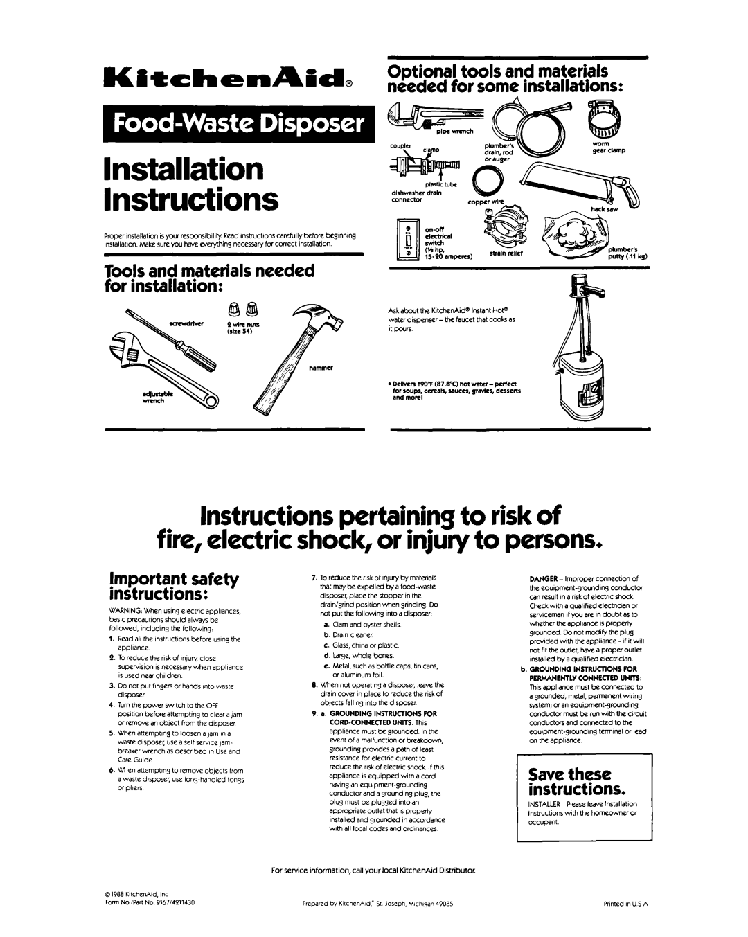 KitchenAid Garbage Disposal installation instructions Tools and materials needed for installation, Save these instructions 