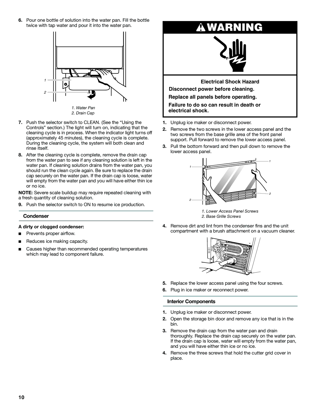 KitchenAid ICEMAKER manual Condenser, Interior Components, Dirty or clogged condenser 