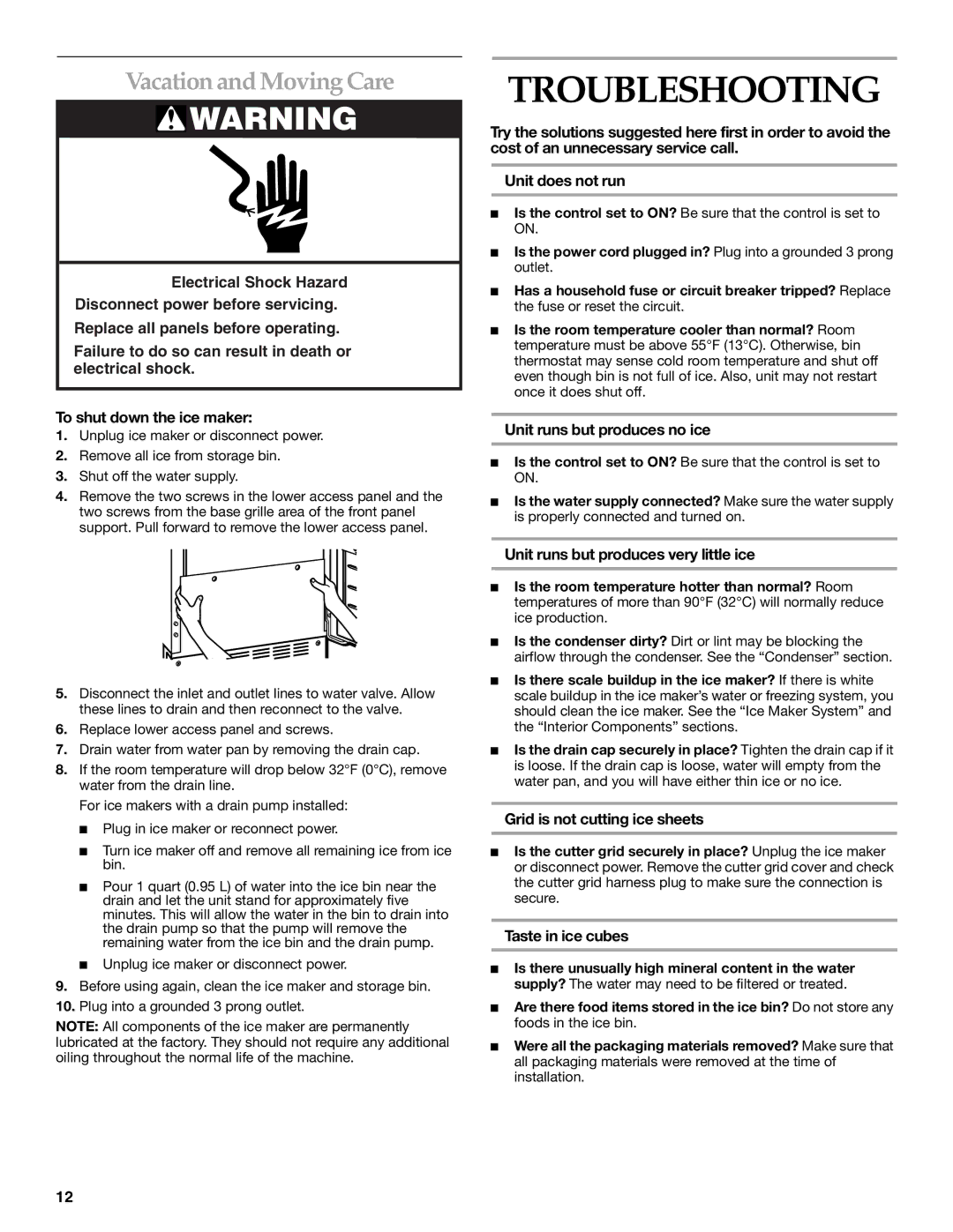 KitchenAid ICEMAKER manual Troubleshooting, Vacation and Moving Care 