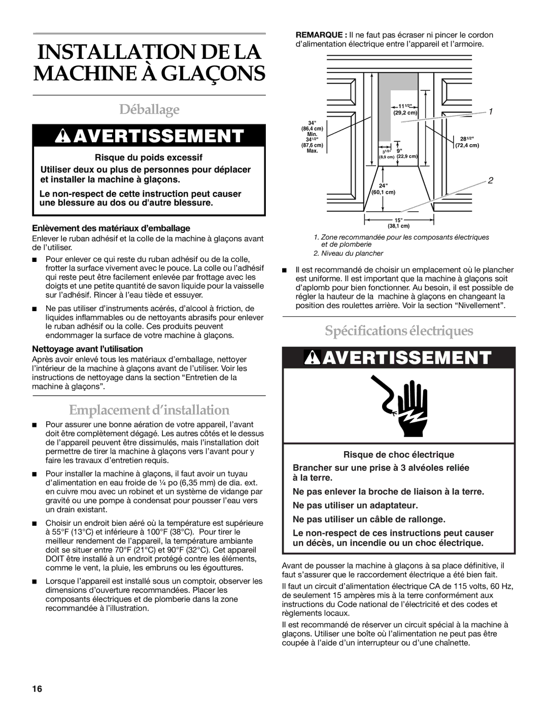 KitchenAid ICEMAKER manual Déballage, Emplacement d’installation, Spécifications électriques, Nettoyage avant l’utilisation 