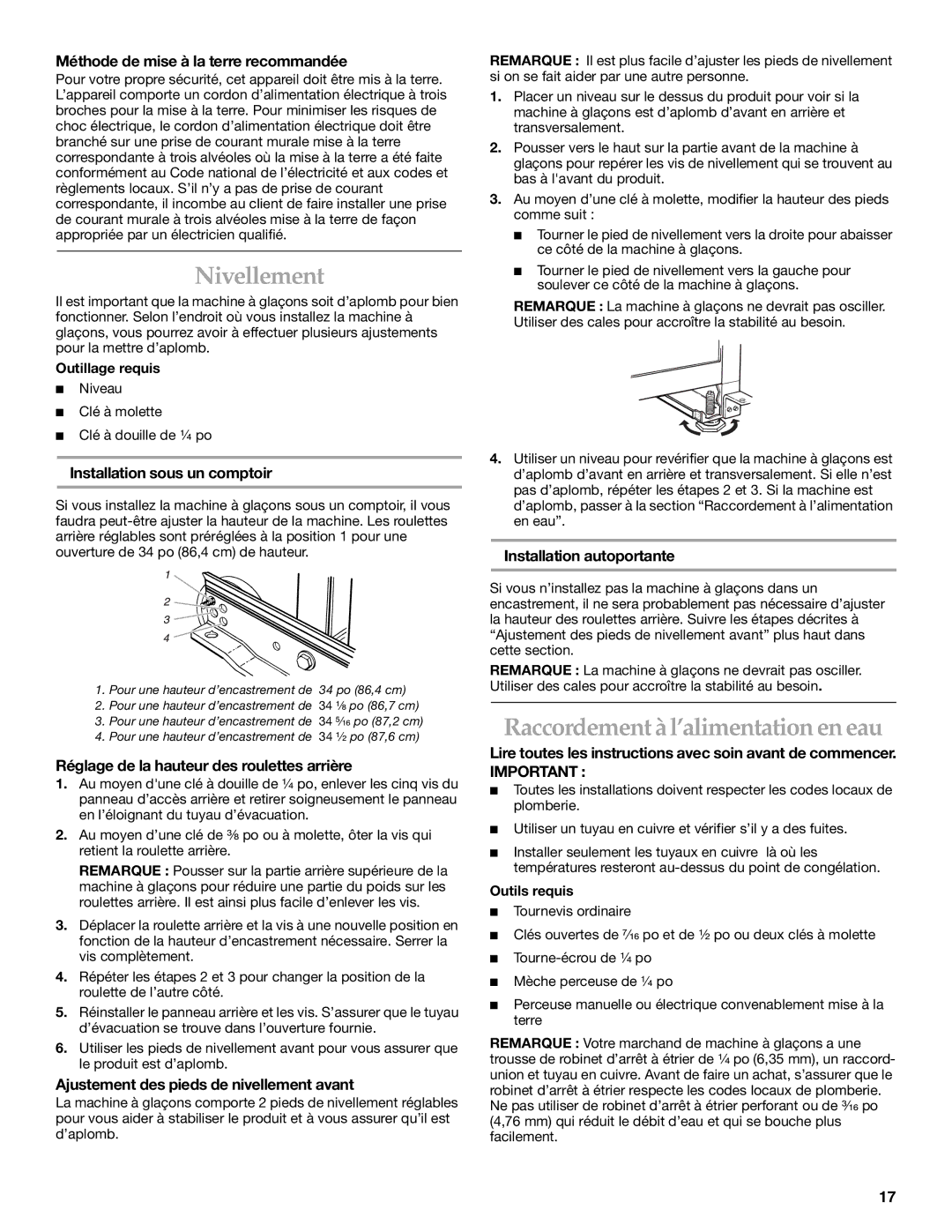 KitchenAid ICEMAKER manual Nivellement, Raccordement à l’alimentation en eau 