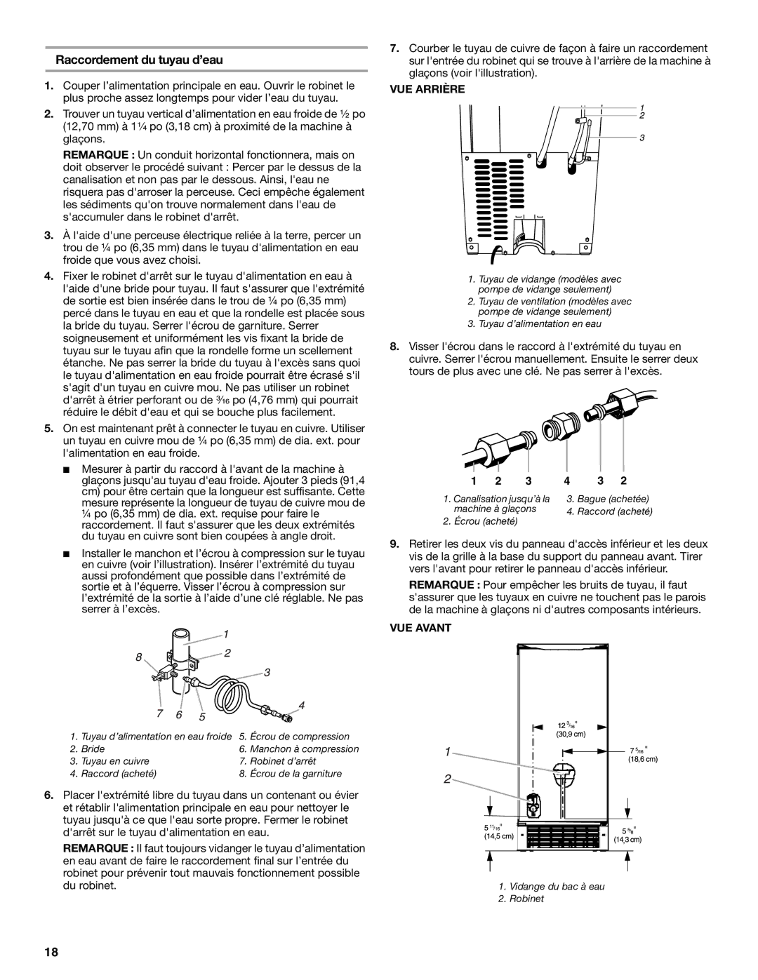 KitchenAid ICEMAKER manual Raccordement du tuyau d’eau, VUE Arrière, VUE Avant 