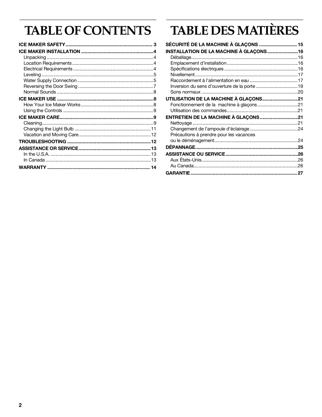 KitchenAid ICEMAKER manual Table of Contents Table DES Matières 