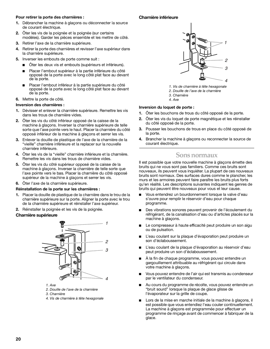 KitchenAid ICEMAKER manual Sons normaux, Charnière supérieure, Charnière inférieure 