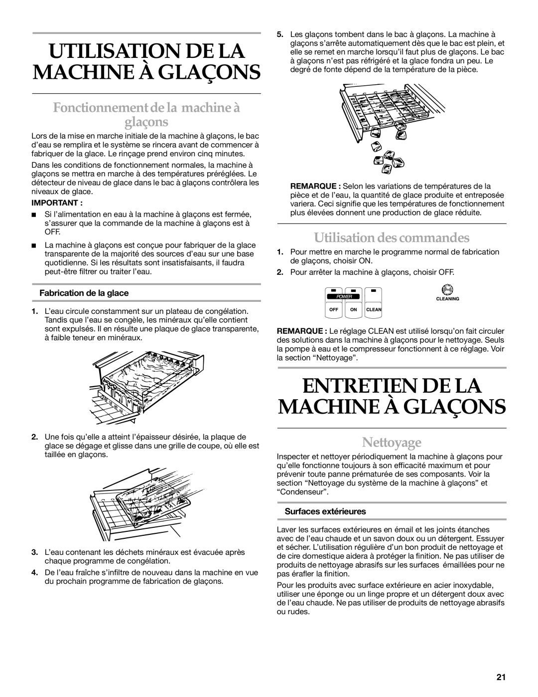 KitchenAid ICEMAKER Utilisation DE LA Machine À Glaçons, Entretien DE LA Machine À Glaçons, Utilisation des commandes 