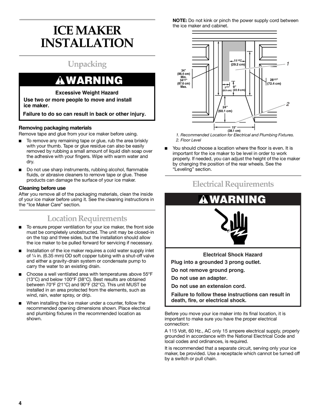 KitchenAid ICEMAKER ICE Maker Installation, Unpacking, Location Requirements, Electrical Requirements, Cleaning before use 