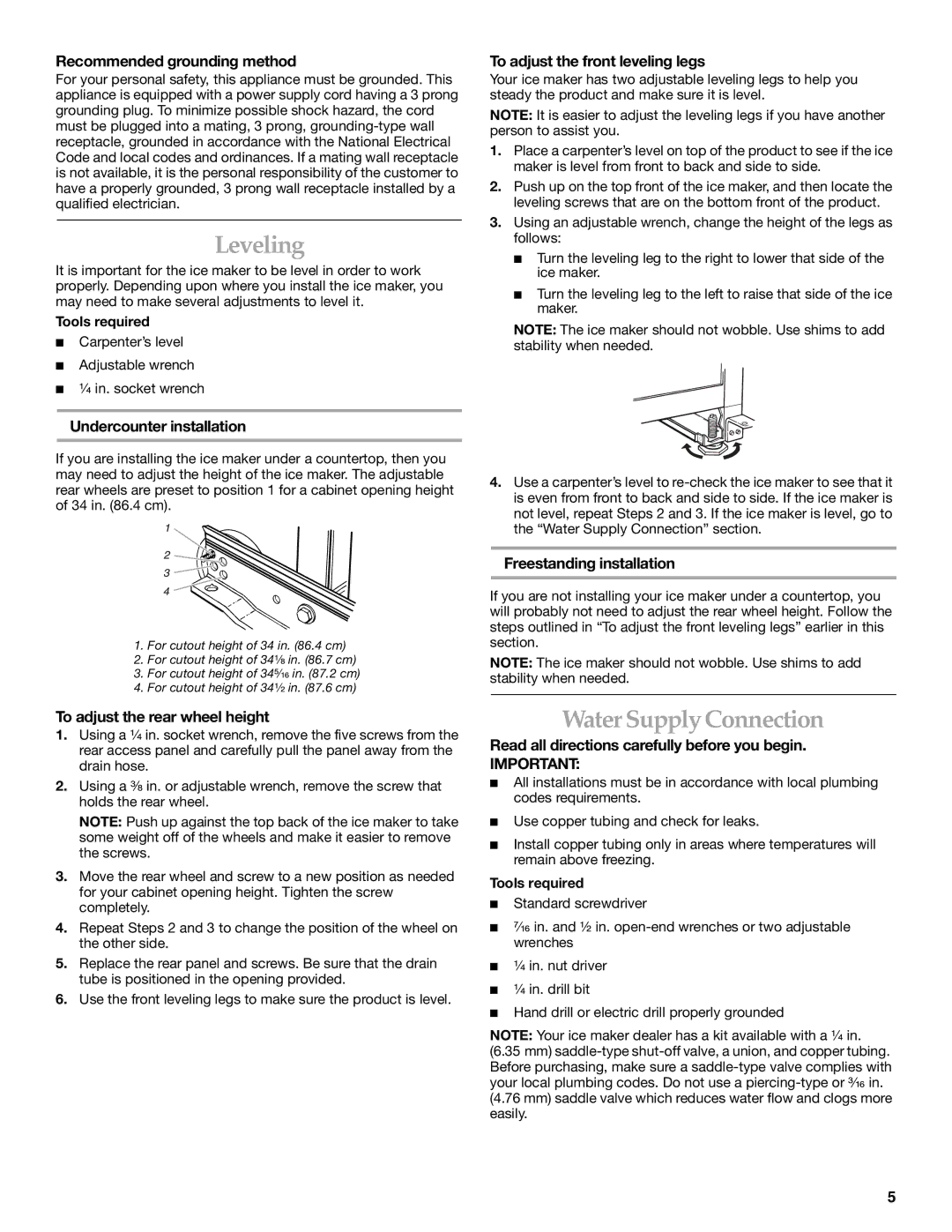 KitchenAid ICEMAKER manual Leveling, Water Supply Connection 