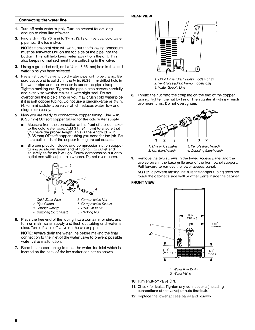 KitchenAid ICEMAKER manual Connecting the water line, Rear View, Front View 