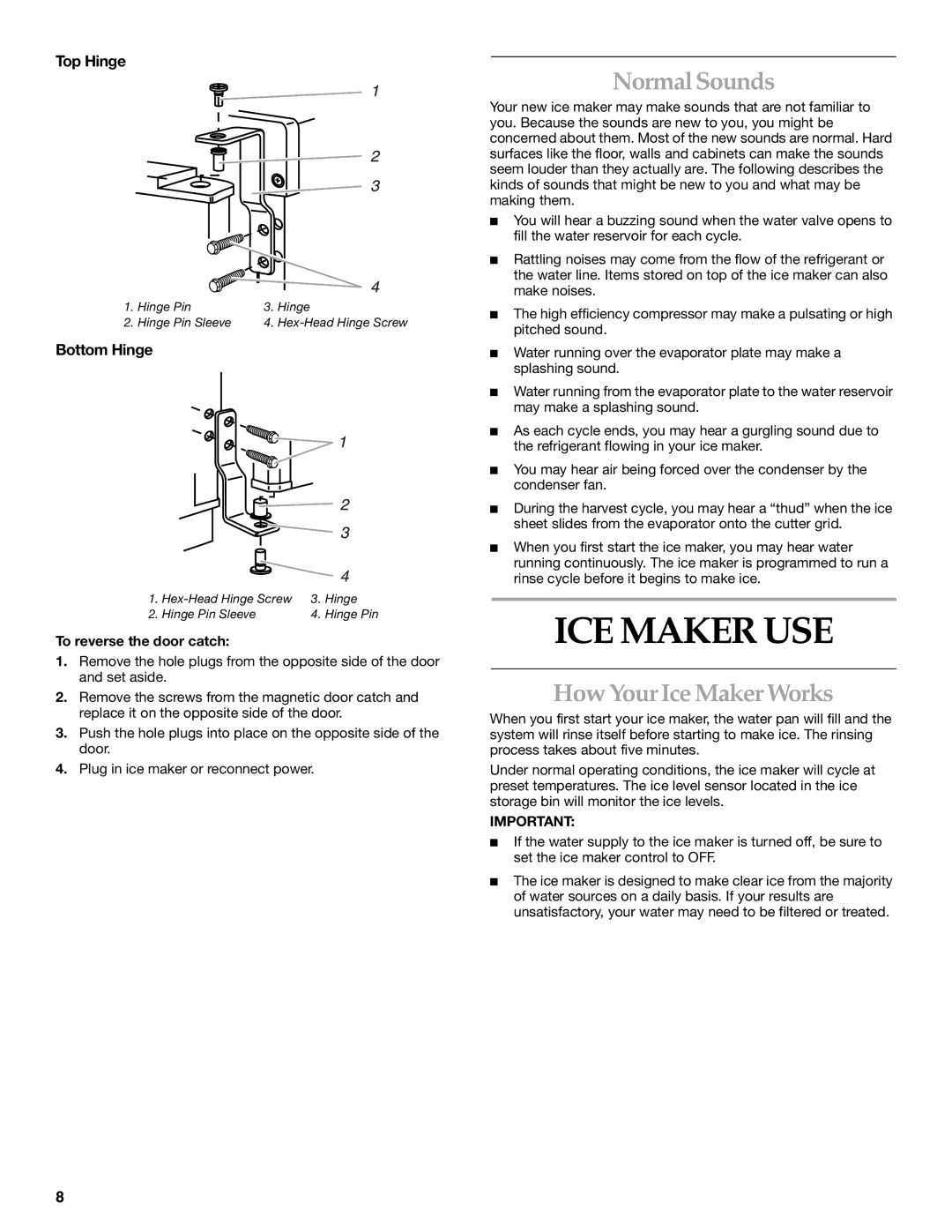 KitchenAid ICEMAKER manual ICE Maker USE, Normal Sounds, How Your Ice Maker Works, Top Hinge, Bottom Hinge 