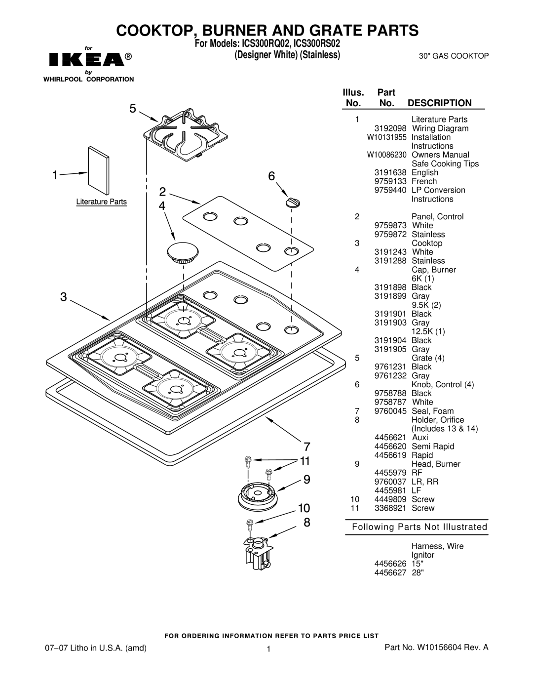 KitchenAid ICS300RQ02, ICS300RS02 installation instructions COOKTOP, Burner and Grate Parts, Illus Part, Description 