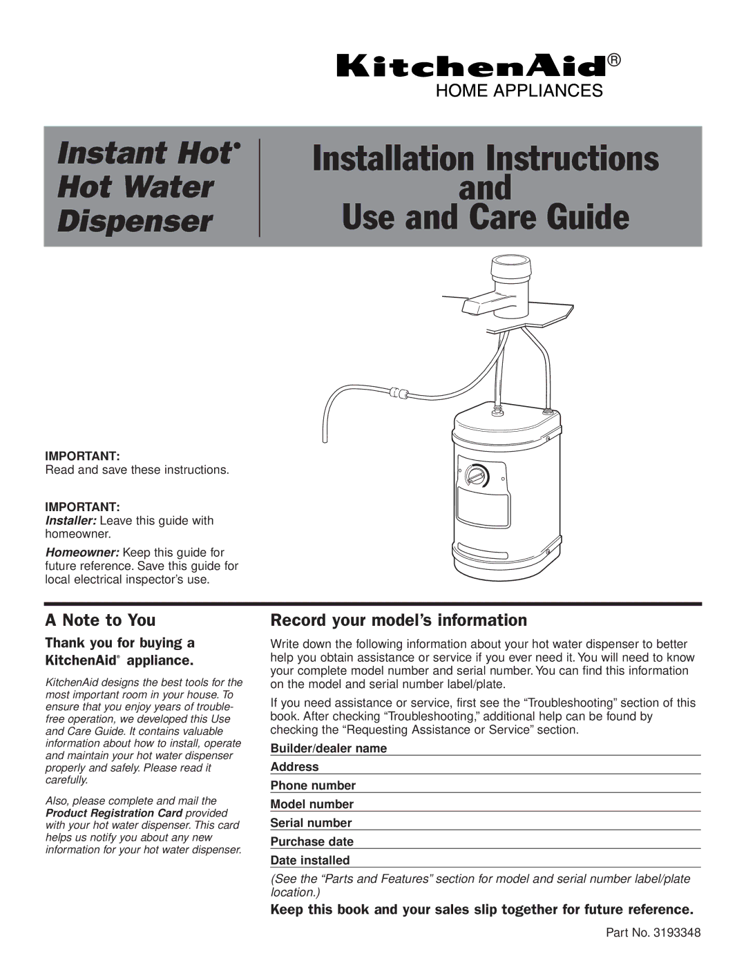 KitchenAid Instant Hot Hot Water Dispenser installation instructions Record your model’s information 