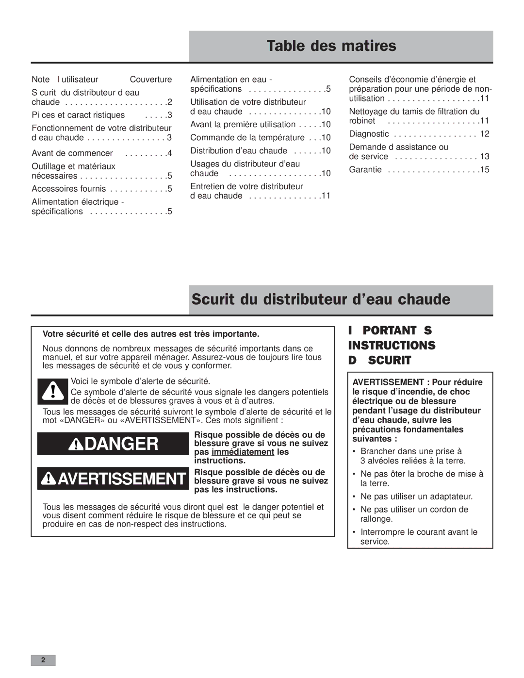 KitchenAid Instant Hot Hot Water Dispenser Table des matières, Sécurité du distributeur d’eau chaude 