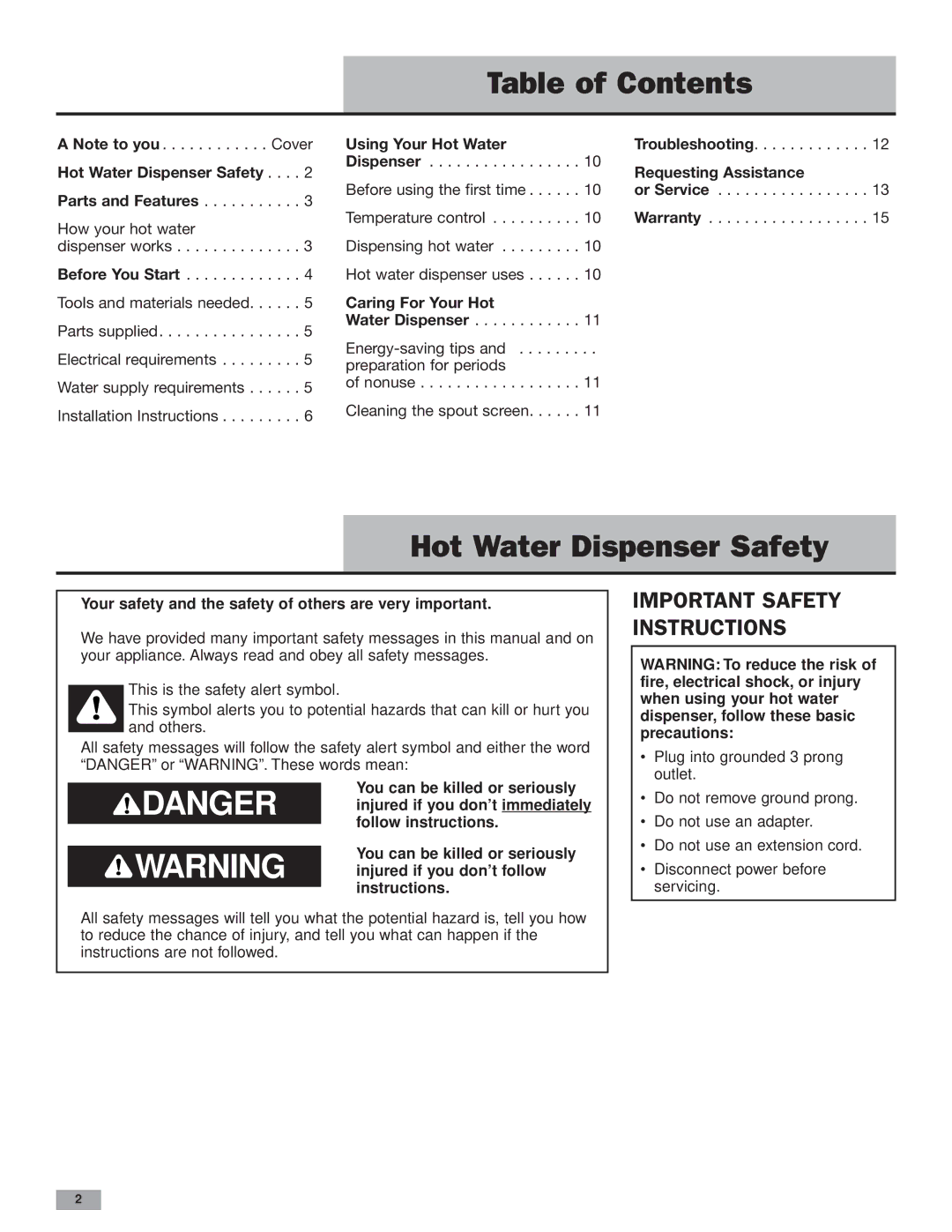 KitchenAid Instant Hot Hot Water Dispenser installation instructions Table of Contents, Hot Water Dispenser Safety 