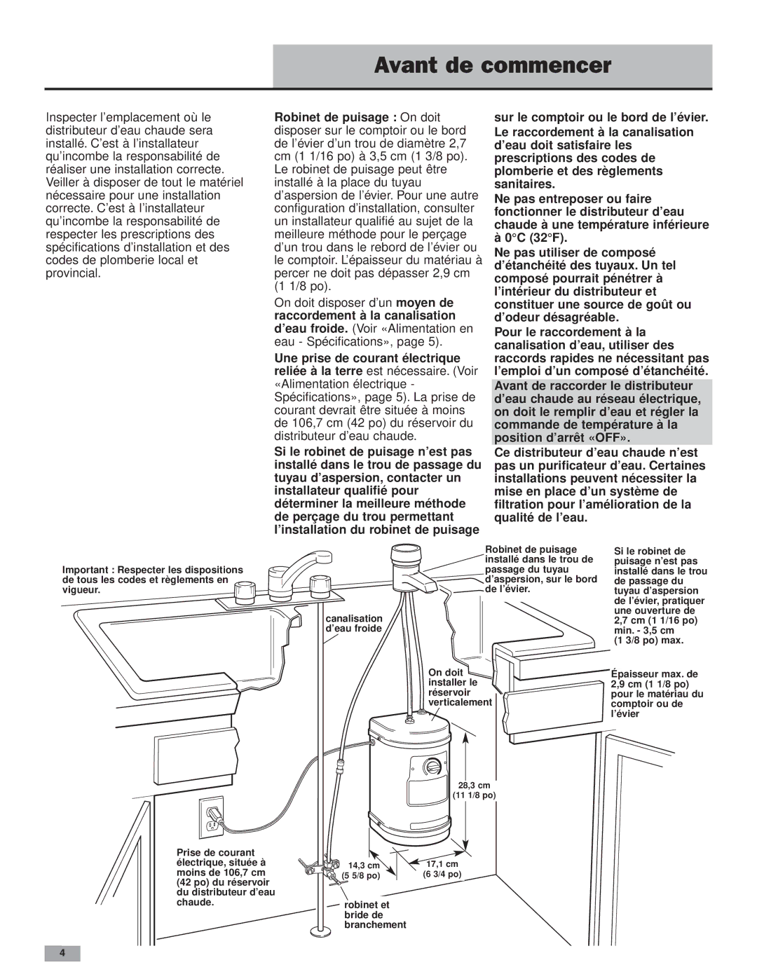 KitchenAid Instant Hot Hot Water Dispenser Avant de commencer, Verticalement Comptoir ou de ’évier 