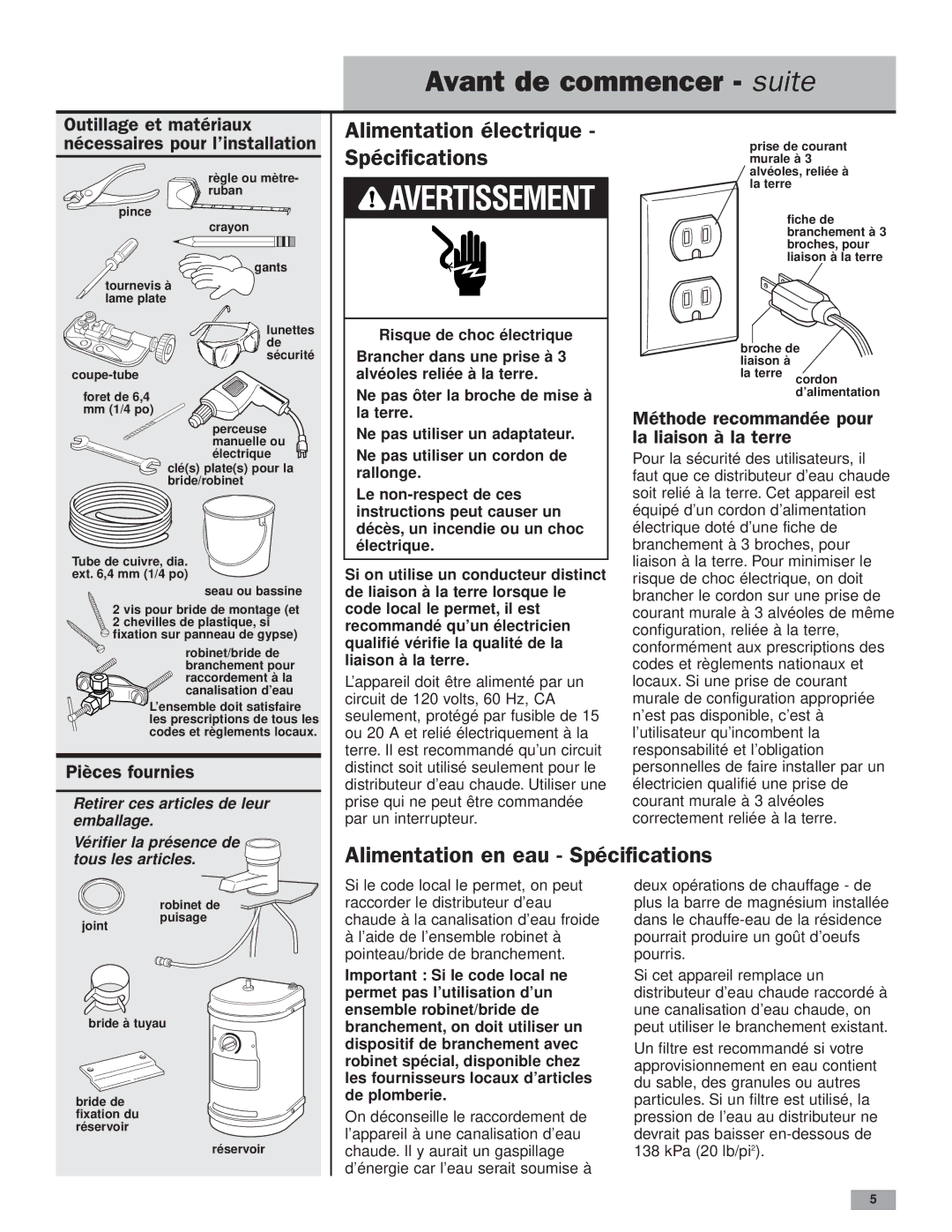 KitchenAid Instant Hot Hot Water Dispenser Avant de commencer suite, Alimentation électrique Spécifications 