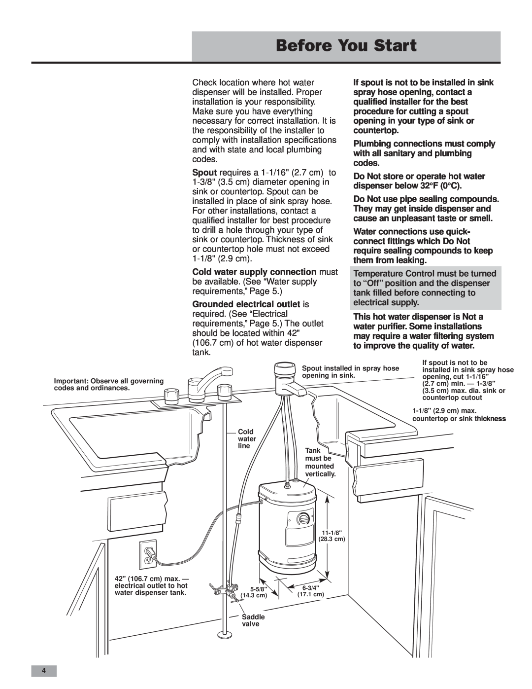 KitchenAid Instant Hot Hot Water Dispenser installation instructions Before You Start 
