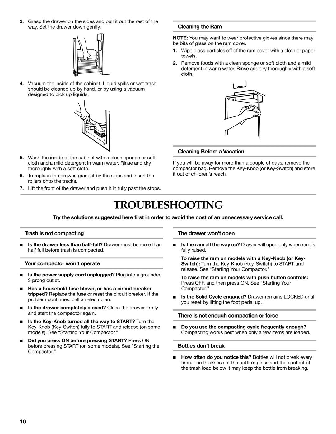 KitchenAid INTEGRATED COMPACTOR manual Troubleshooting 