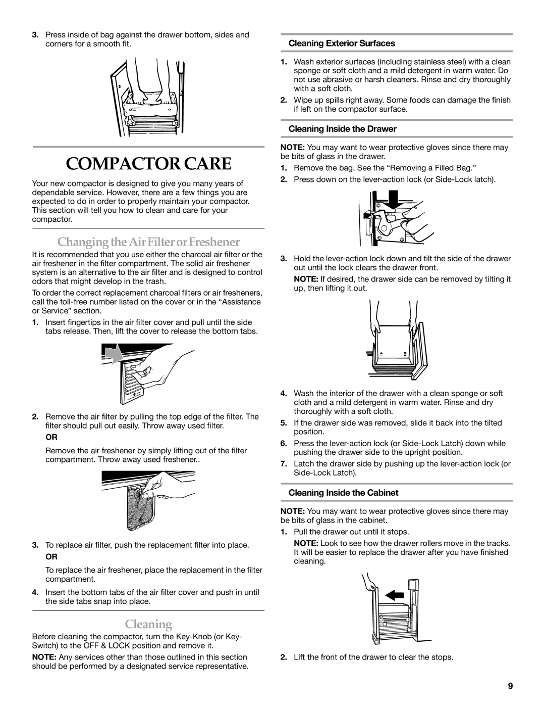 KitchenAid INTEGRATED COMPACTOR manual Compactor Care, Changing the AirFilter orFreshener, Cleaning 