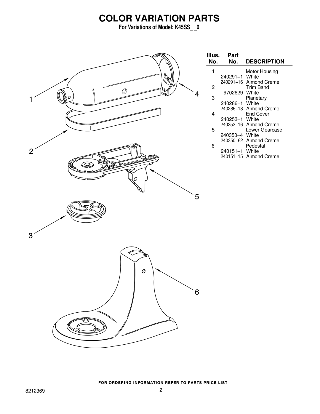 KitchenAid K45SSDAC-0, K45WSSWH-0, K45SSDAL-0, K45SSAL-0, K45SSWH-0 manual Color Variation Parts, For Variations of Model K45SS 