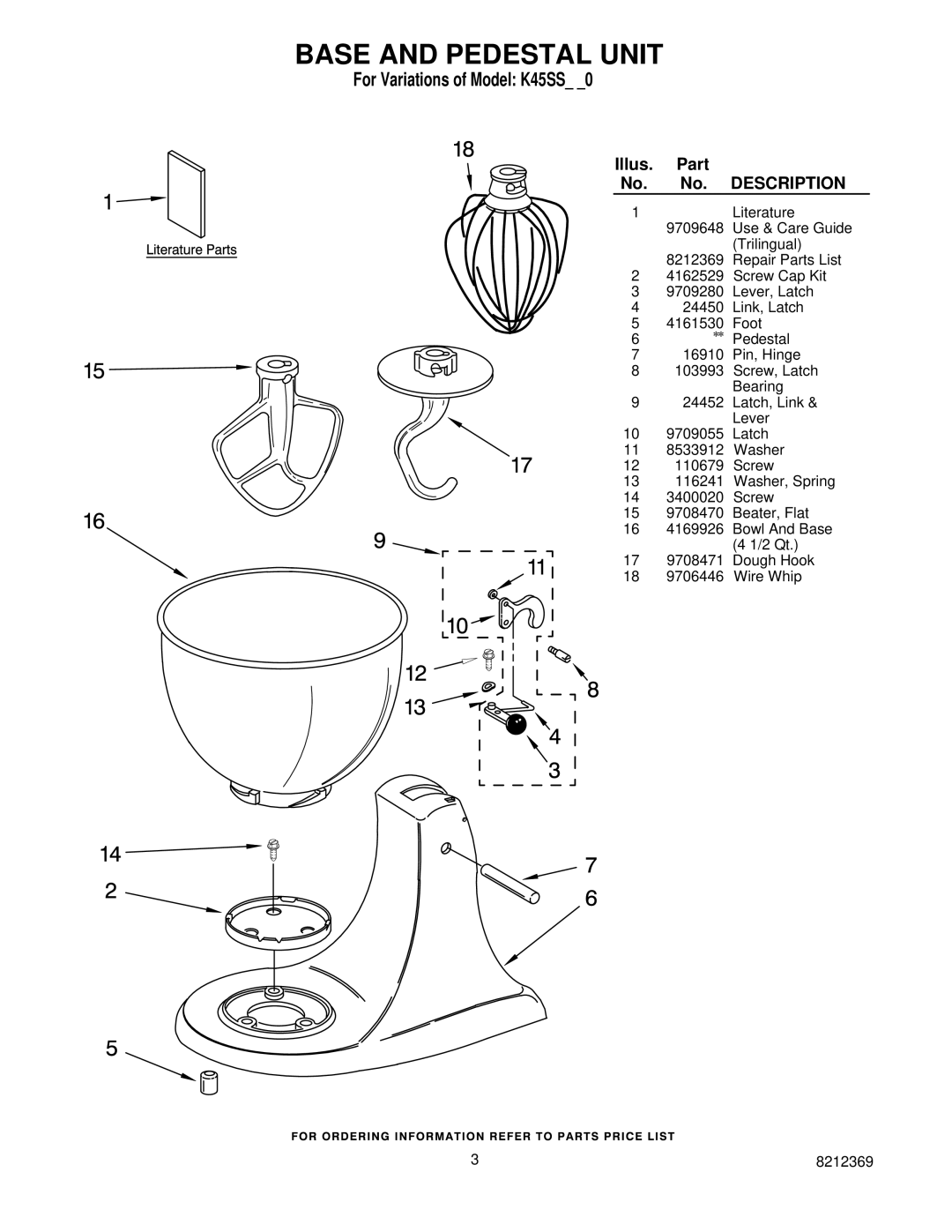 KitchenAid K45SSAL-0, K45WSSWH-0, K45SSDAL-0, K45SSDAC-0, K45SSWH-0, K45SSAC-0 manual Base and Pedestal Unit 