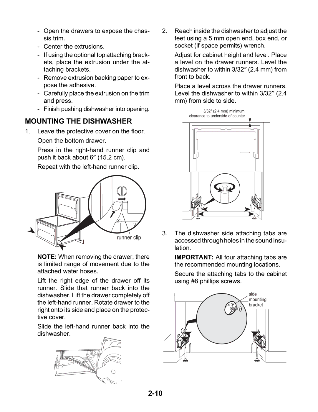 KitchenAid KAD-9 manual Mounting the Dishwasher 