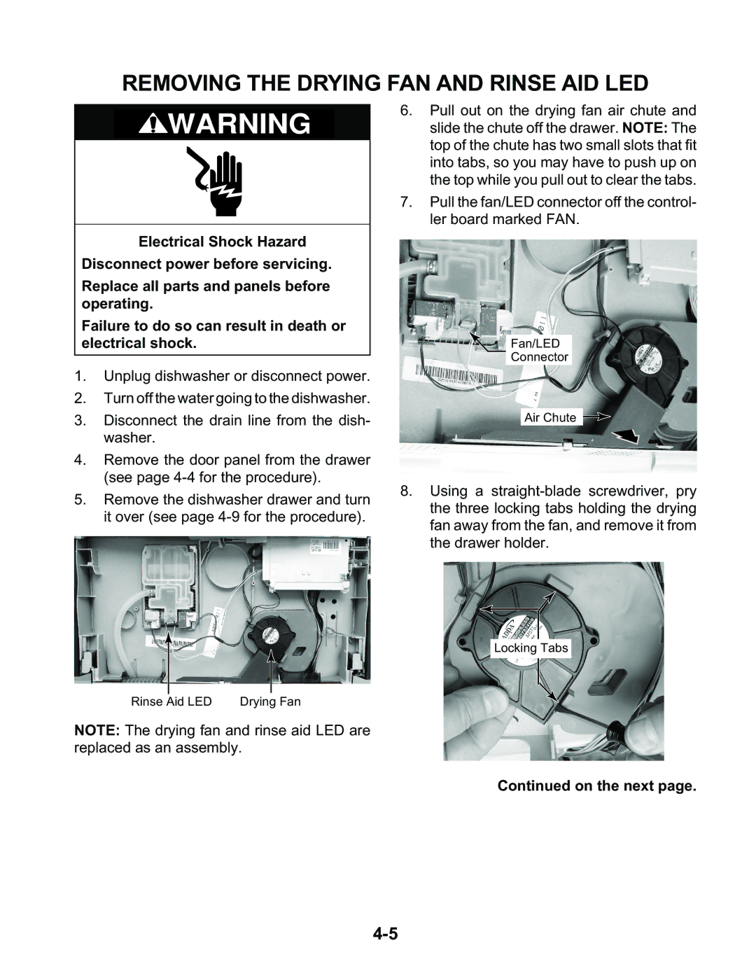 KitchenAid KAD-9 manual Removing the Drying FAN and Rinse AID LED 