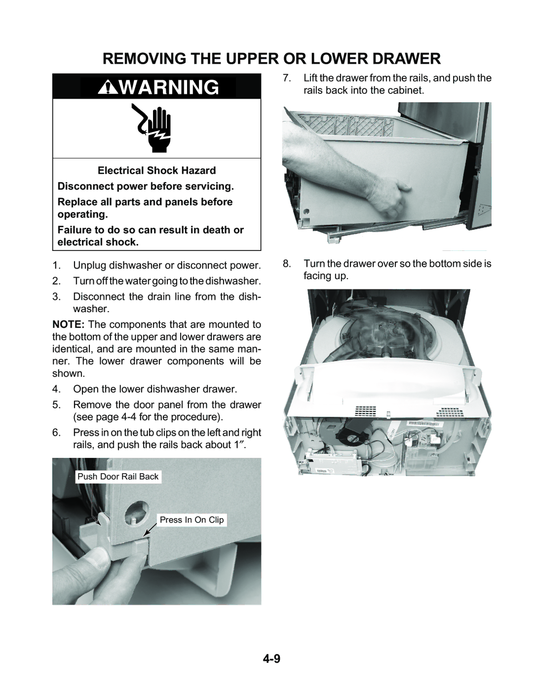 KitchenAid KAD-9 manual Removing the Upper or Lower Drawer 