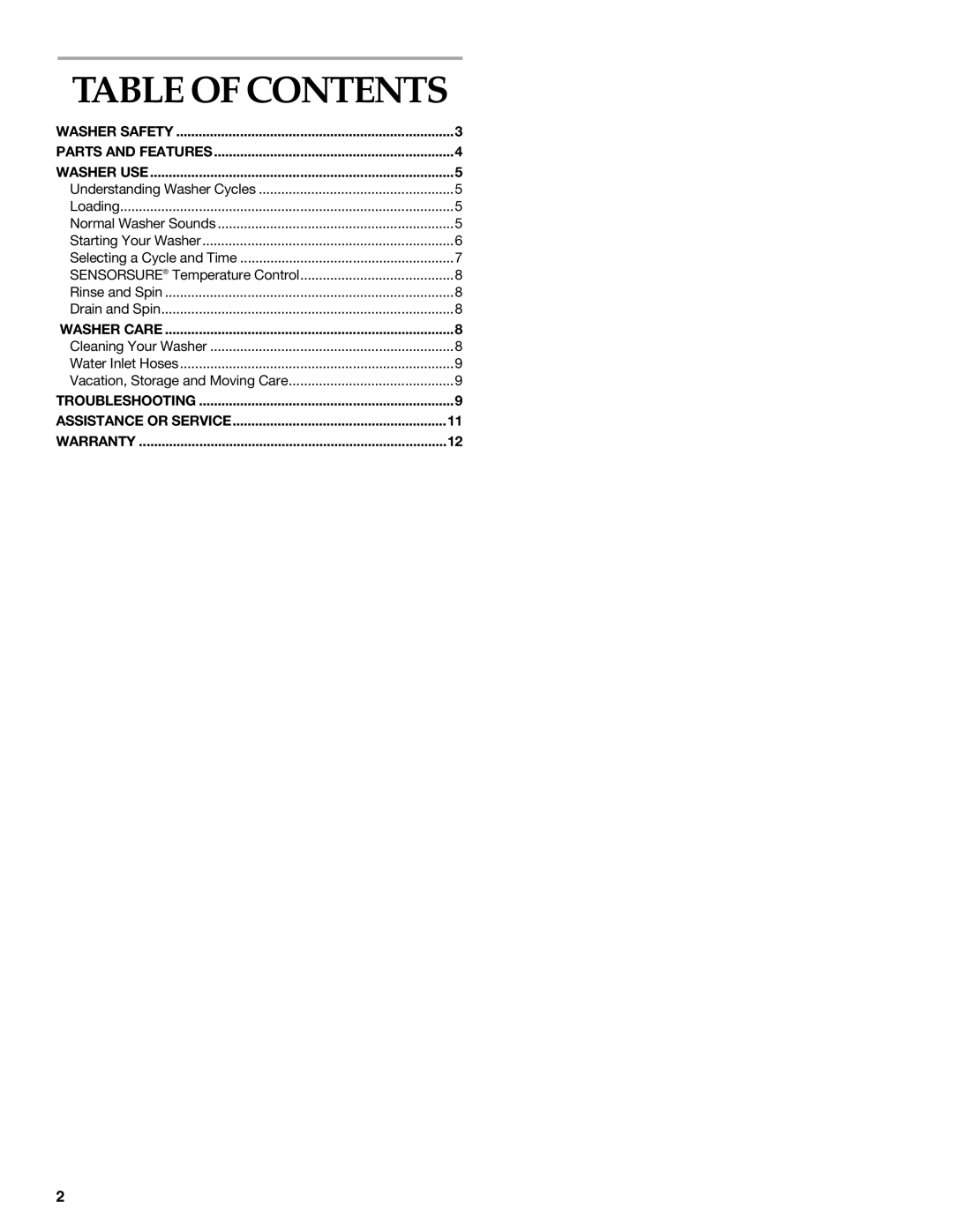 KitchenAid KAWS700J, KAWS750J, KAWS850J, KAWS855J manual Table of Contents 