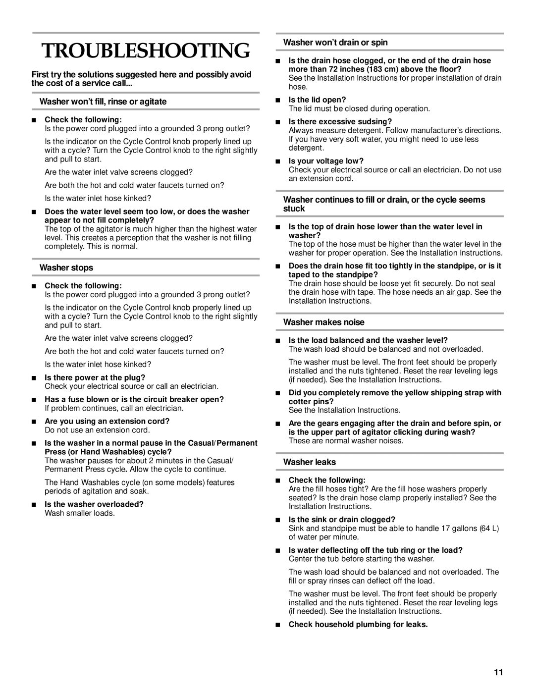 KitchenAid 3950452, KAWS855J, KAWS750J, KAWS700J, KAWS850J manual Troubleshooting 