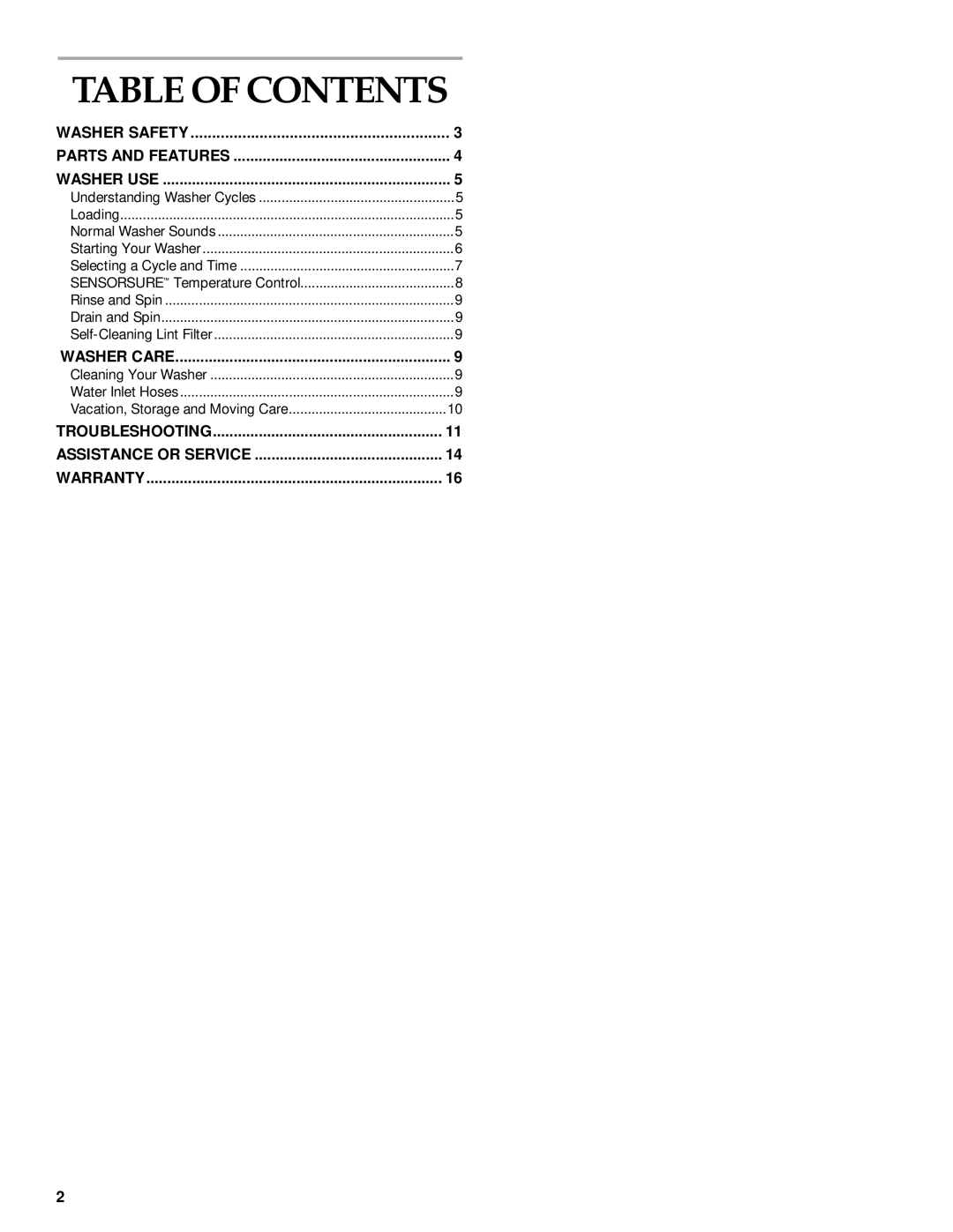 KitchenAid KAWS750J, KAWS855J, 3950452, KAWS700J, KAWS850J manual Table of Contents 