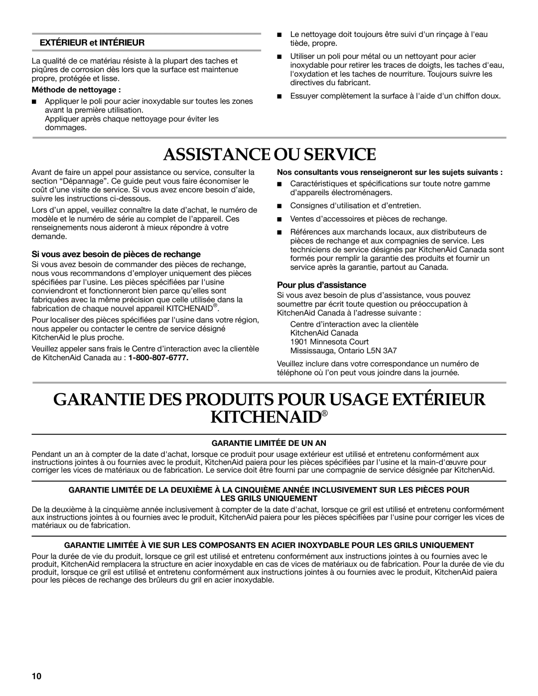 KitchenAid KBAU302T Assistance OU Service, Garantie DES Produits Pour Usage Extérieur Kitchenaid, Extérieur et Intérieur 