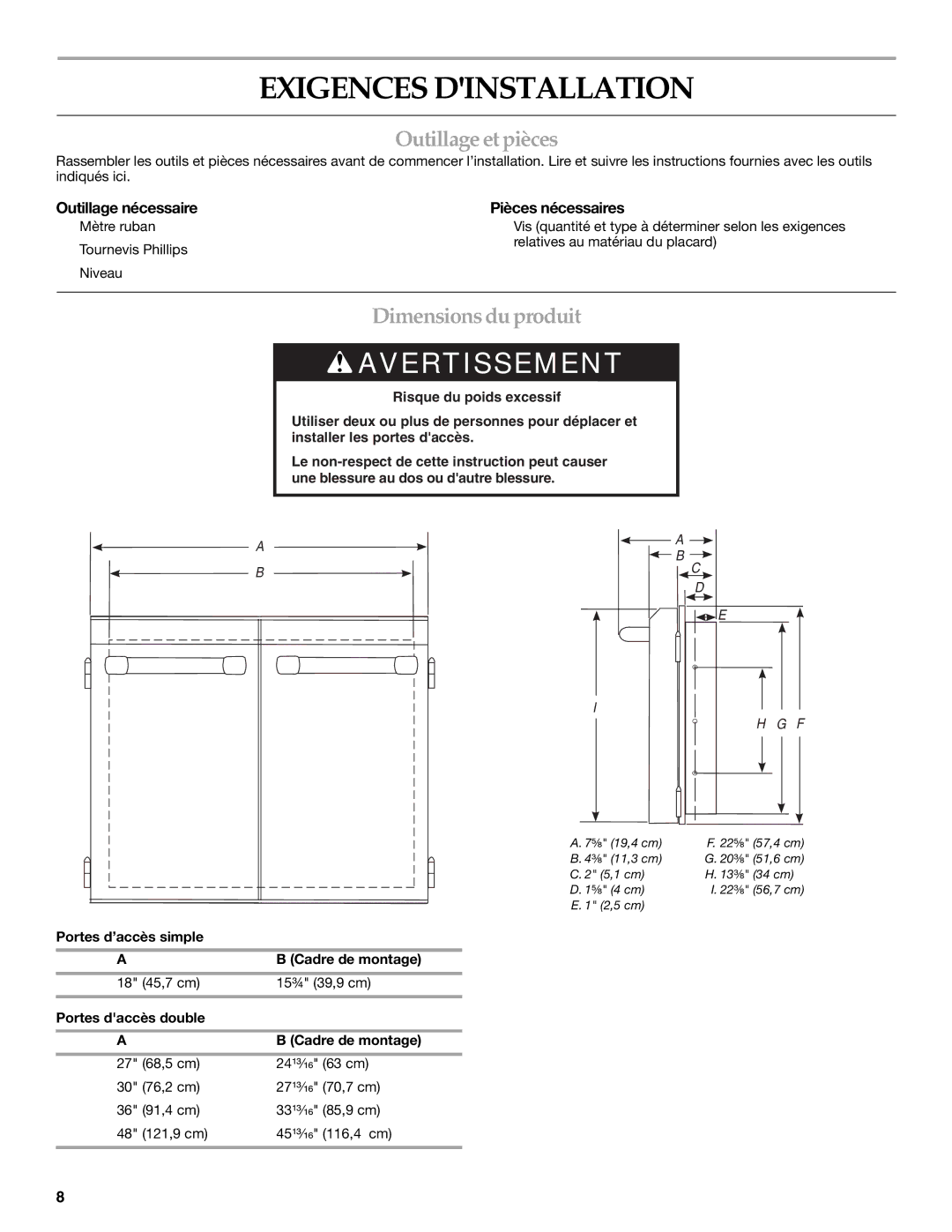 KitchenAid KBAU362T, KBAR181T Exigences Dinstallation, Outillage et pièces, Dimensions duproduit, Outillage nécessaire 