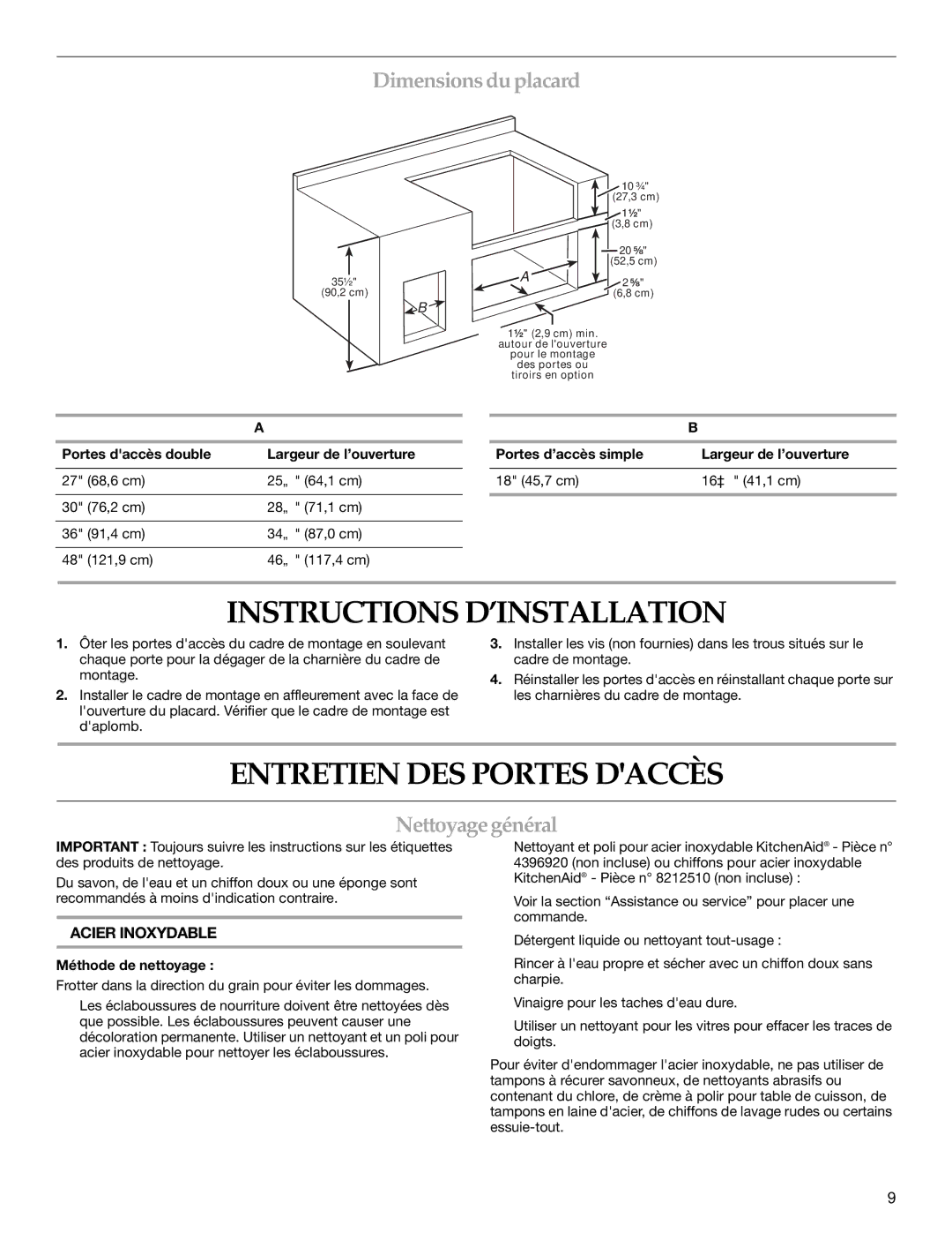 KitchenAid KBAU482T Instructions D’INSTALLATION, Entretien DES Portes Daccès, Dimensions duplacard, Nettoyage général 