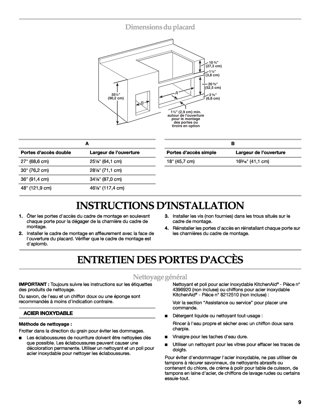 KitchenAid KBAU482T Instructions D’Installation, Entretien Des Portes Daccès, Dimensions duplacard, Nettoyage général 