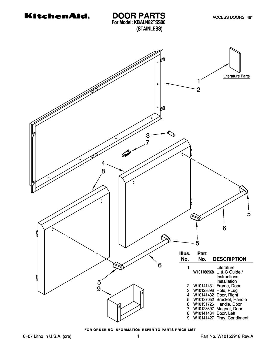 KitchenAid manual Door Parts, Stainless, For Model KBAU482TSS00, Illus. Part No. No. DESCRIPTION, 1Literature 