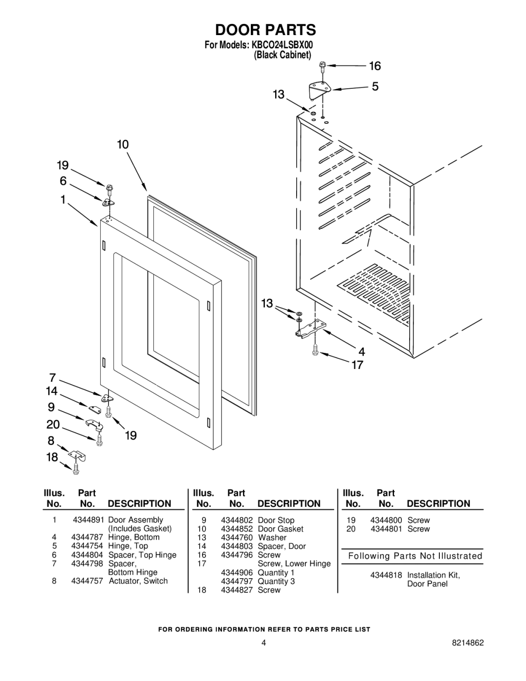 KitchenAid KBCO24LSBX00 manual Door Parts 