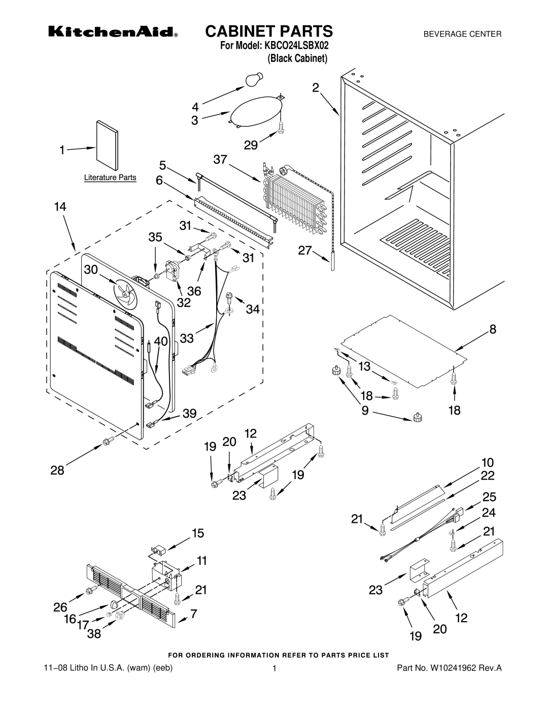 KitchenAid KBCO24LSBX02 manual Cabinet Parts 