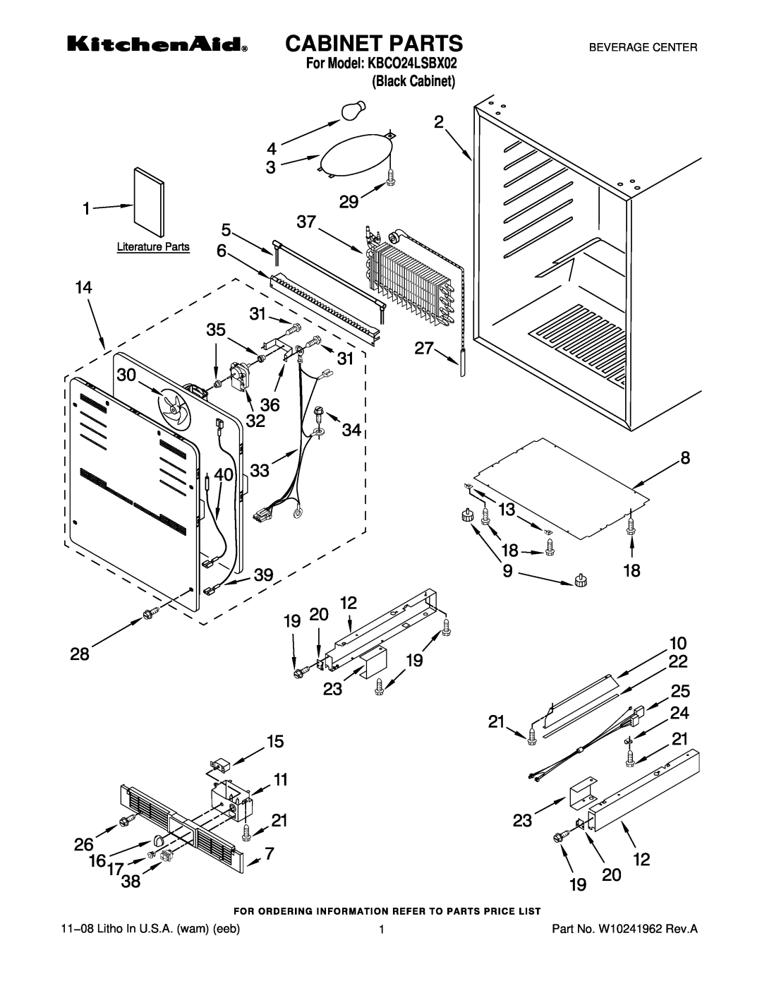 KitchenAid manual Cabinet Parts, 11−08 Litho In U.S.A. wam eeb, For Model KBCO24LSBX02 Black Cabinet, Beverage Center 