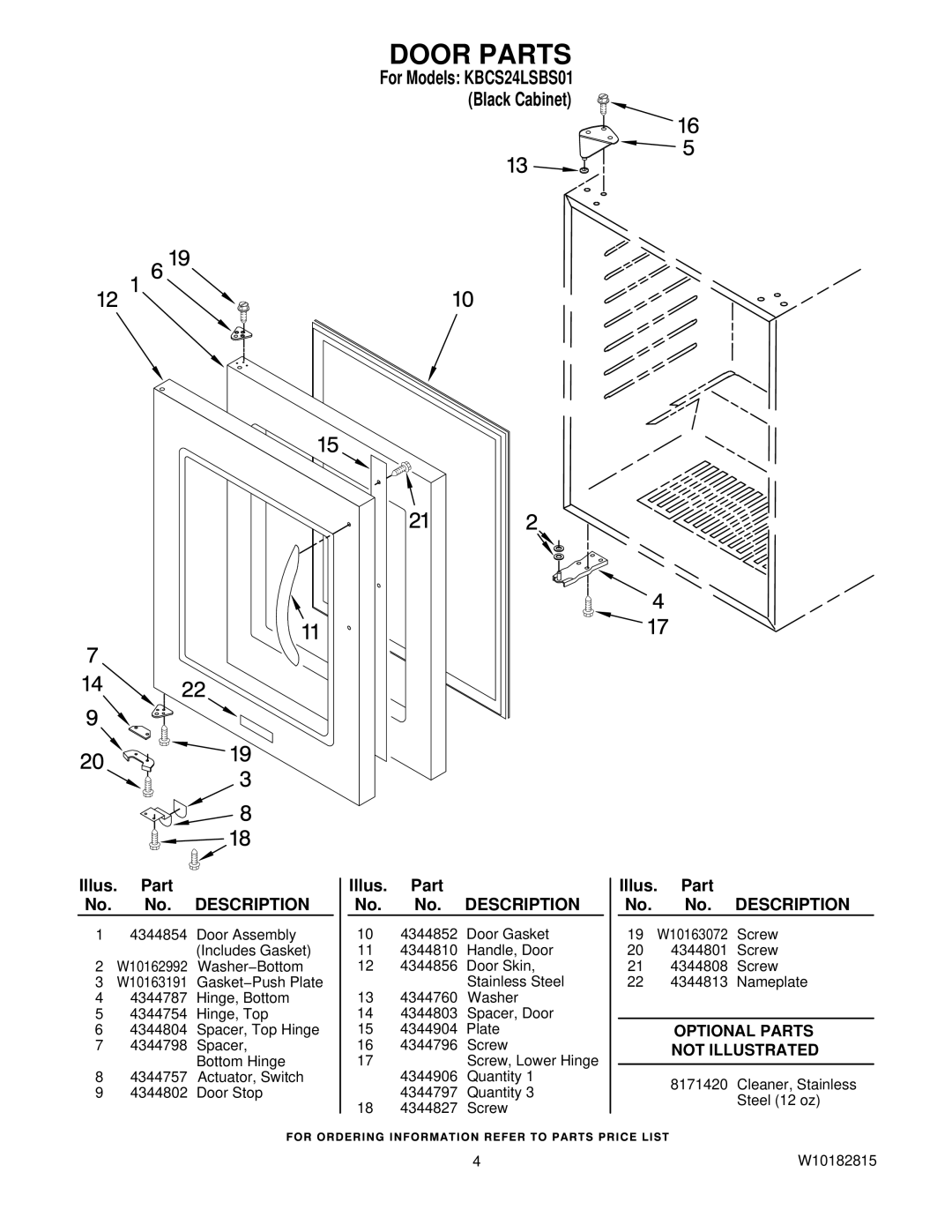 KitchenAid KBCS24LSBS01 manual Door Parts 