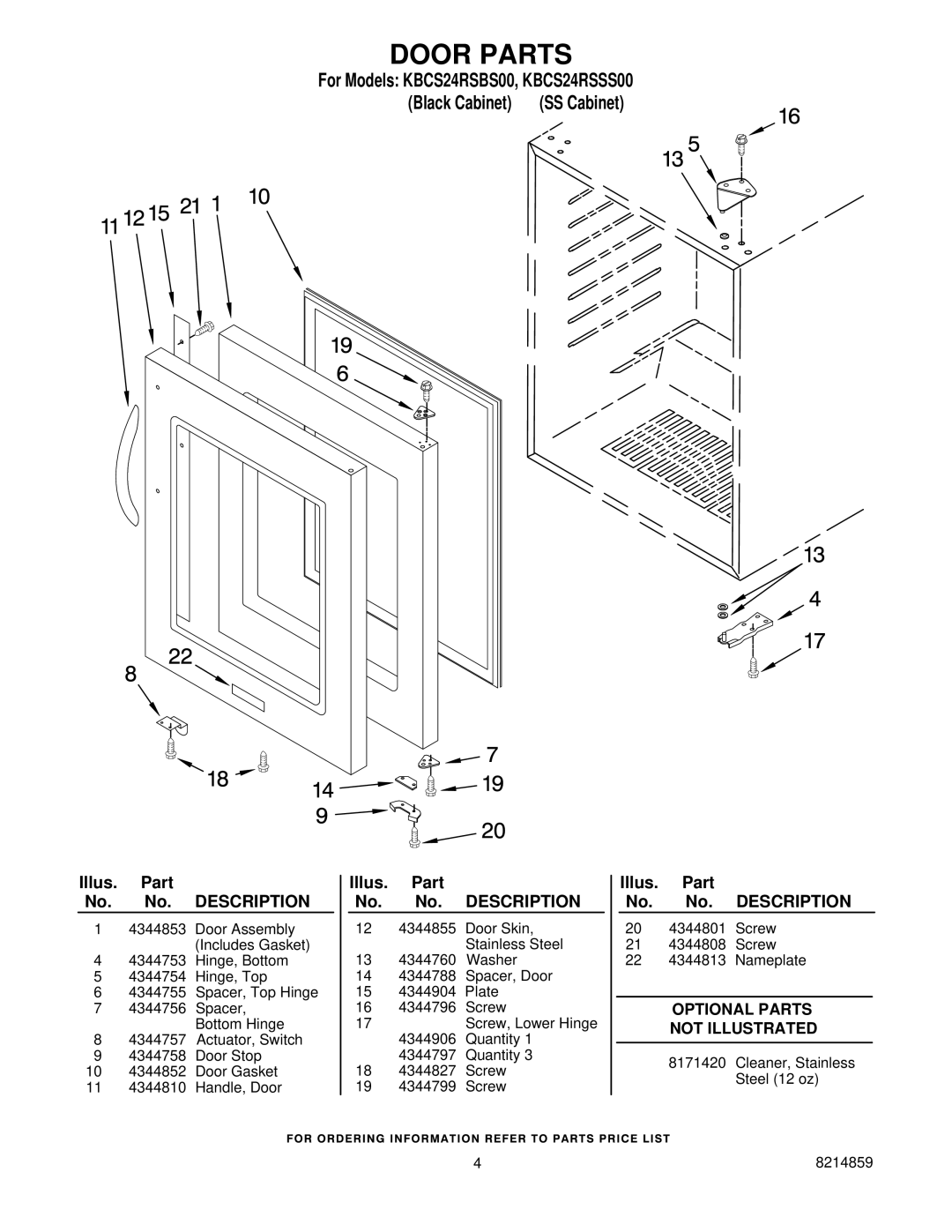 KitchenAid KBCS24RSBS00, KBCS24RSSS00 manual Door Parts 