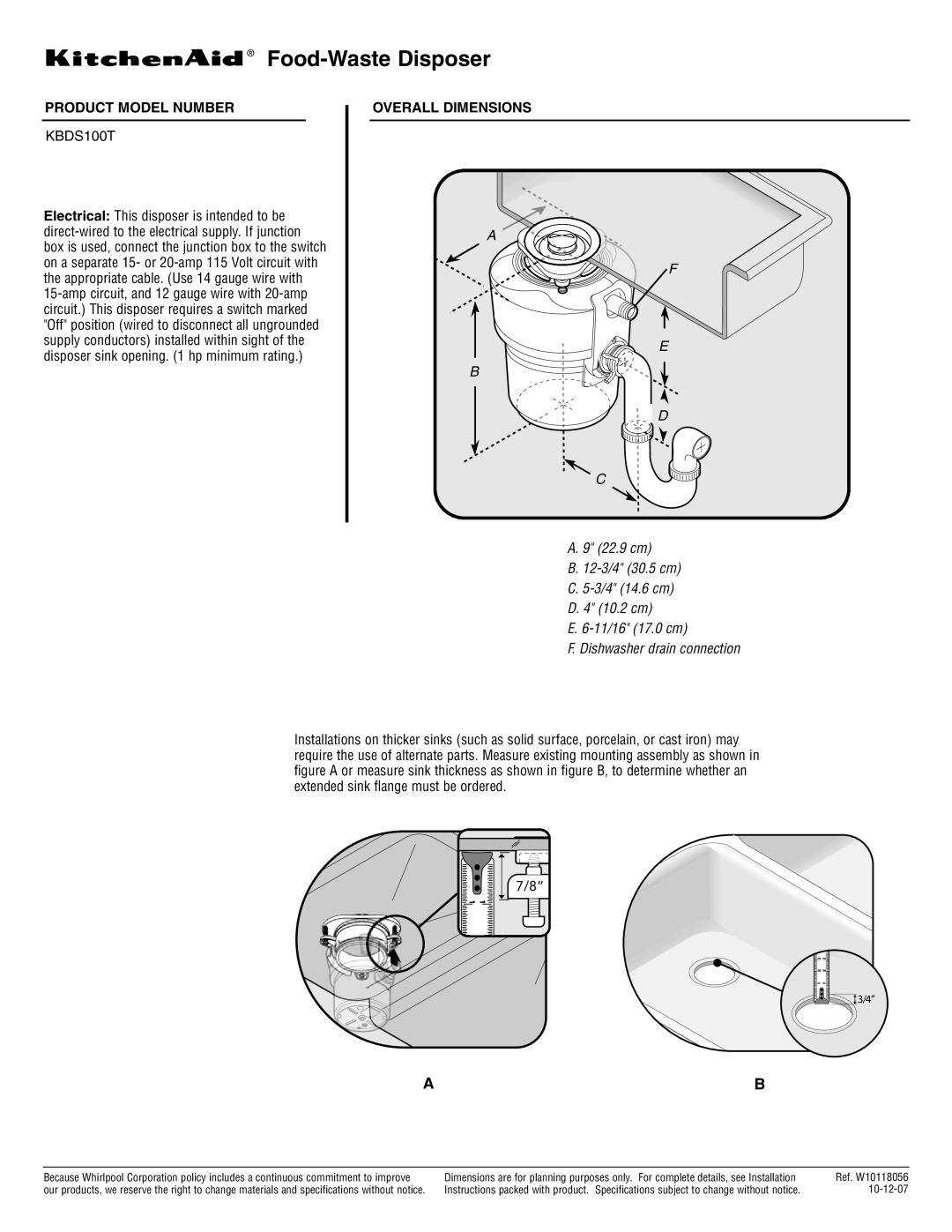 KitchenAid KBDS100T dimensions Food-Waste Disposer, Product Model Number, Overall Dimensions 