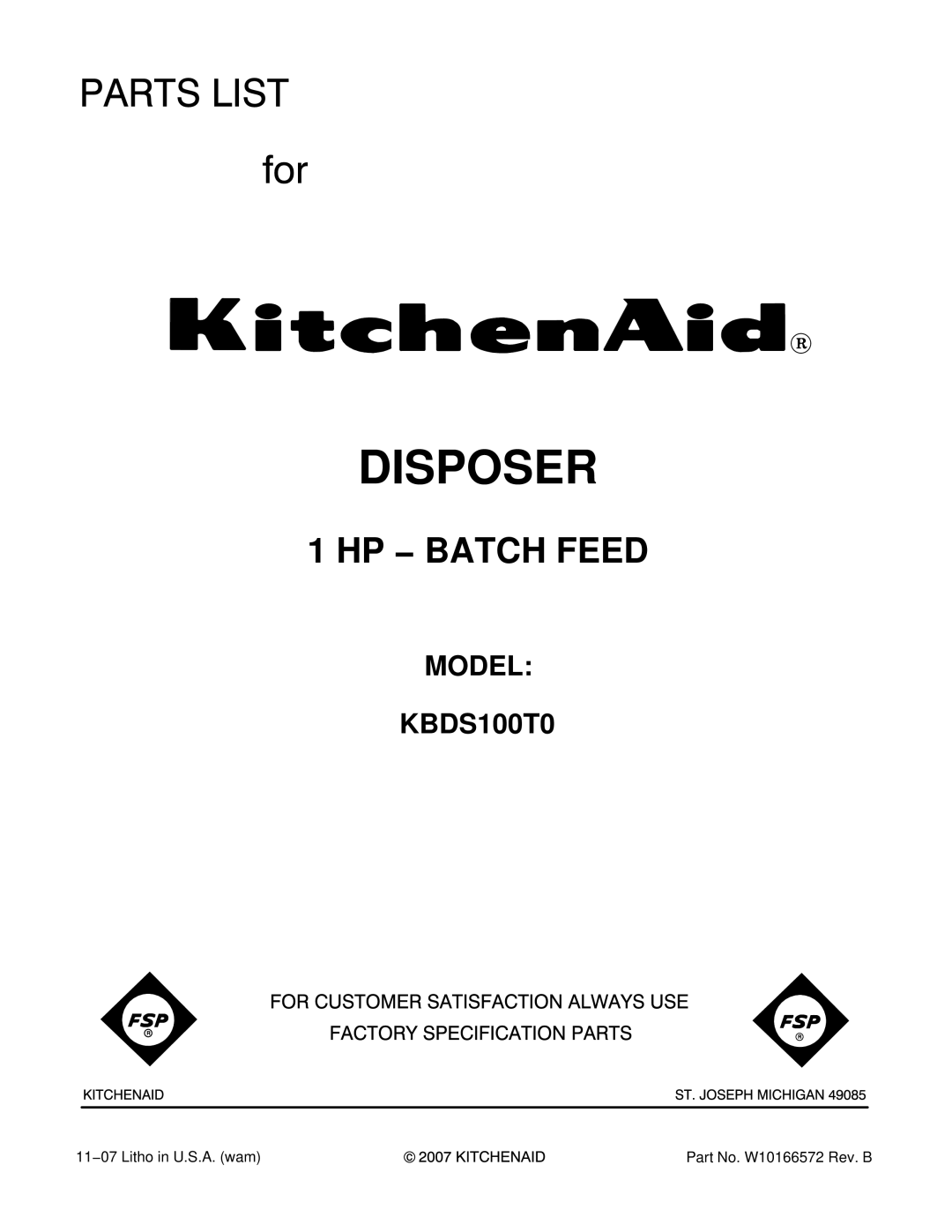 KitchenAid KBDS100T0 manual Disposer, HP − Batch Feed 