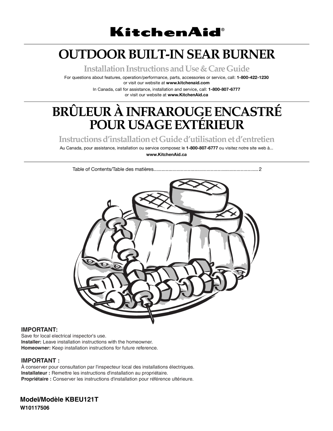 KitchenAid KBEU121T installation instructions Outdoor BUILT-IN Sear Burner 